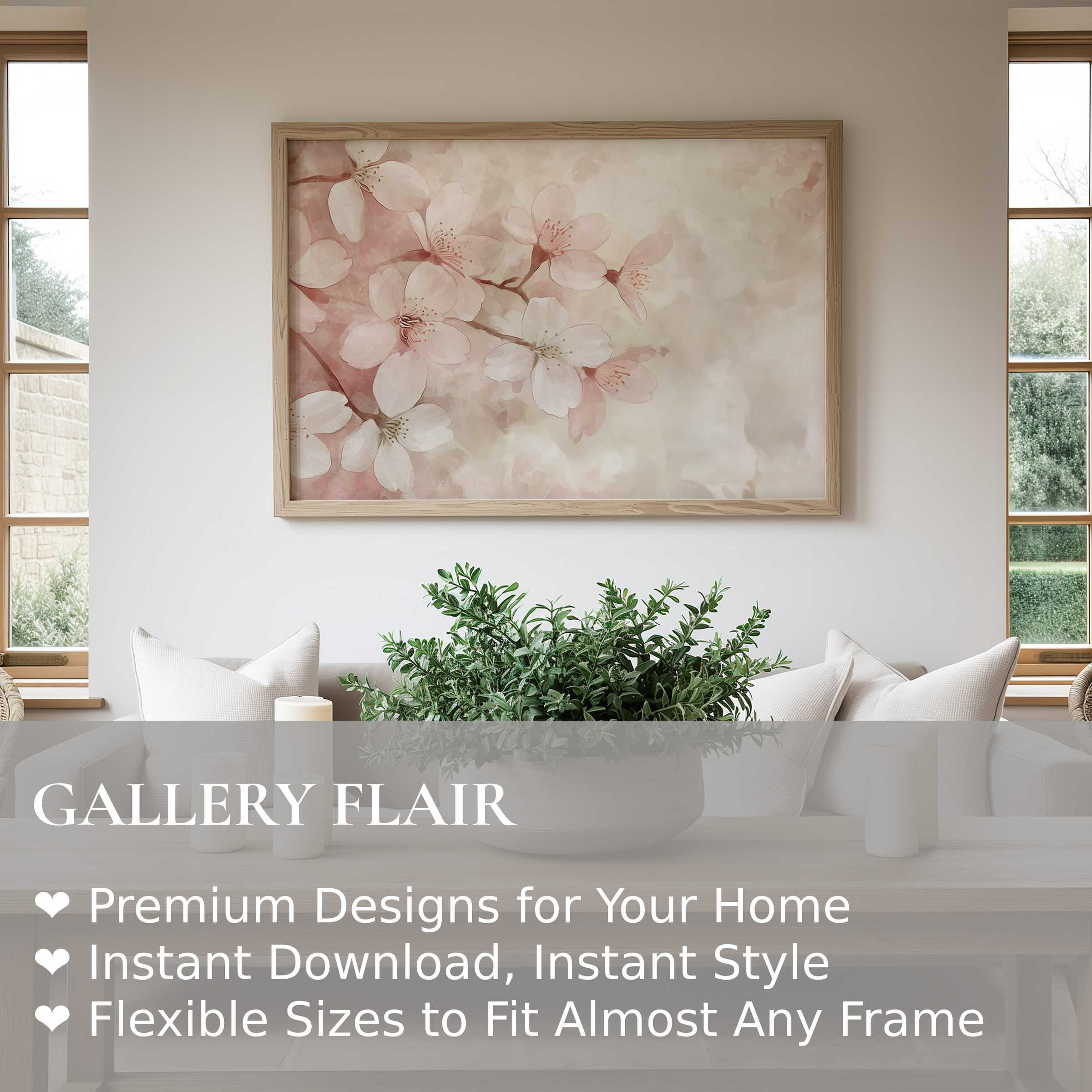 Soft, radiant floral wall art print with delicate cherry blossoms enhances serene, modern living spaces with natural elegance