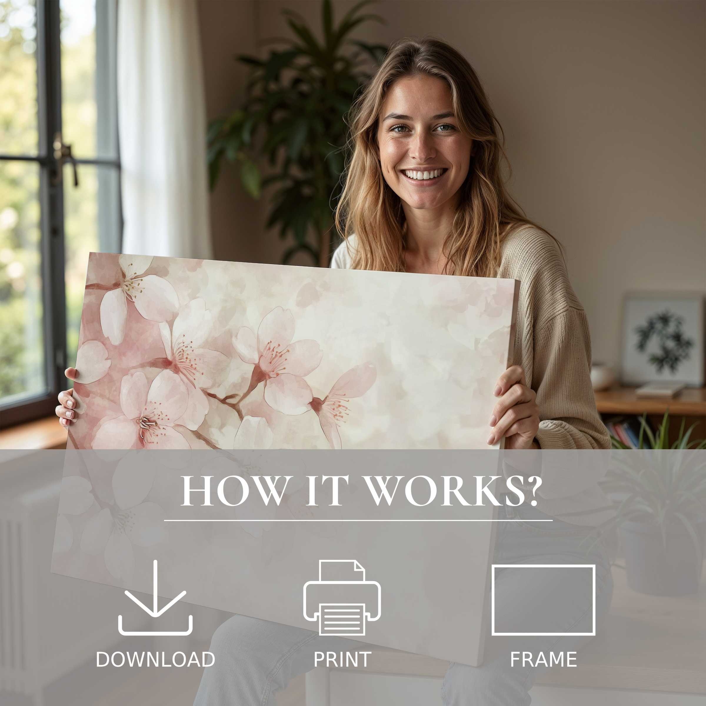 A woman radiates joy in a sunlit, stylish home, embracing the effortless beauty of a floral digital art print