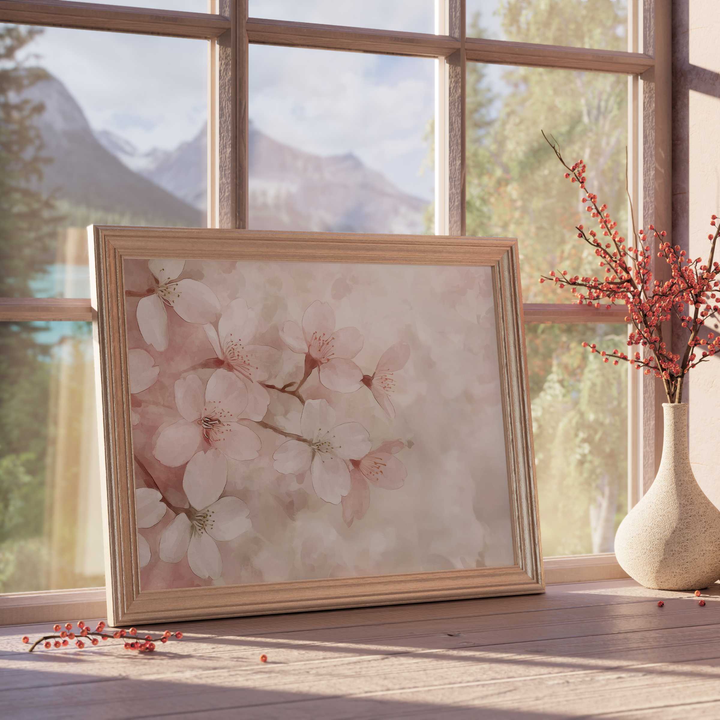 Floral downloadable art capturing delicate cherry blossoms in soft pastels, enhancing tranquil, design-forward interiors