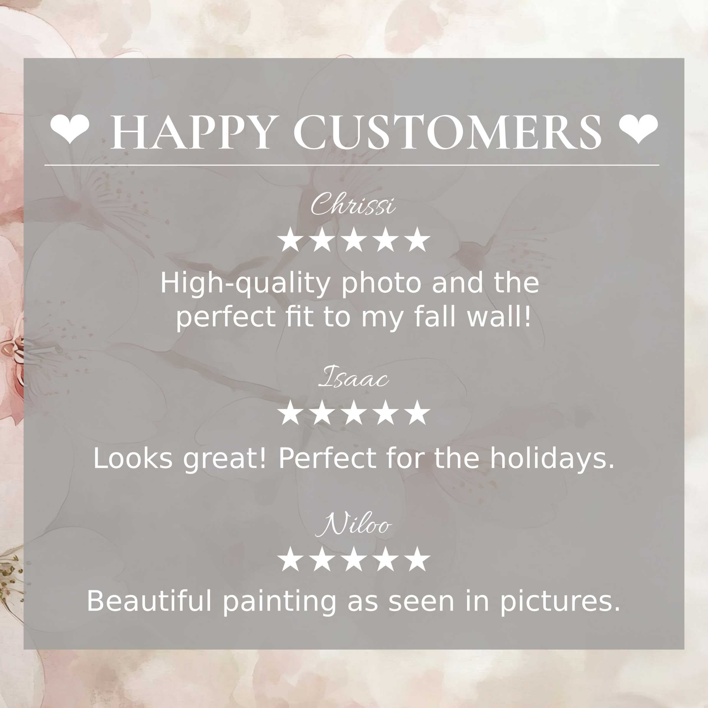 Floral art for Frame TV with abstract sunset hues, showcasing happy customer reviews and elegant, trusted design