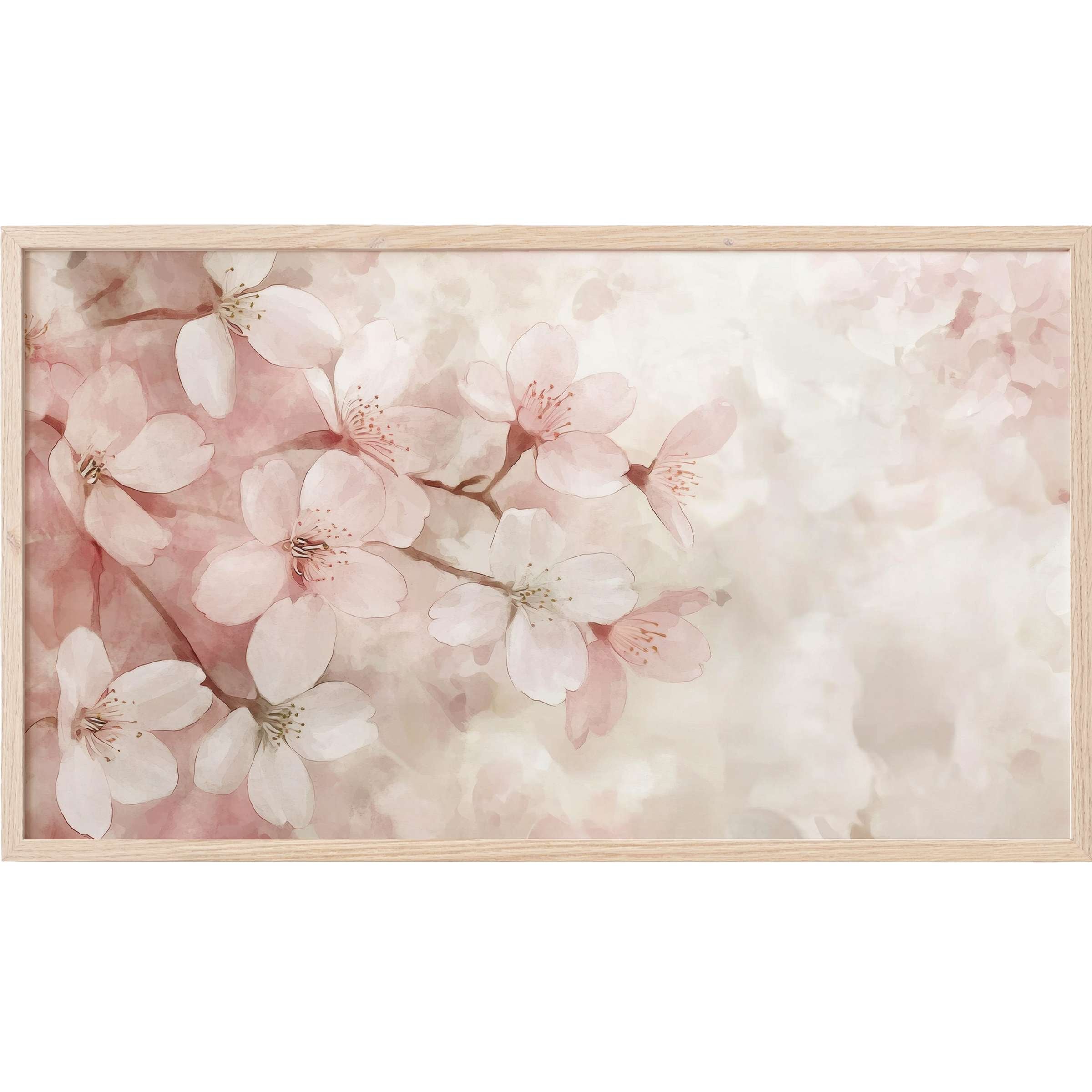 Floral Frame TV Art with soft pink blossoms and muted beige tones in a delicate, watercolor-inspired style