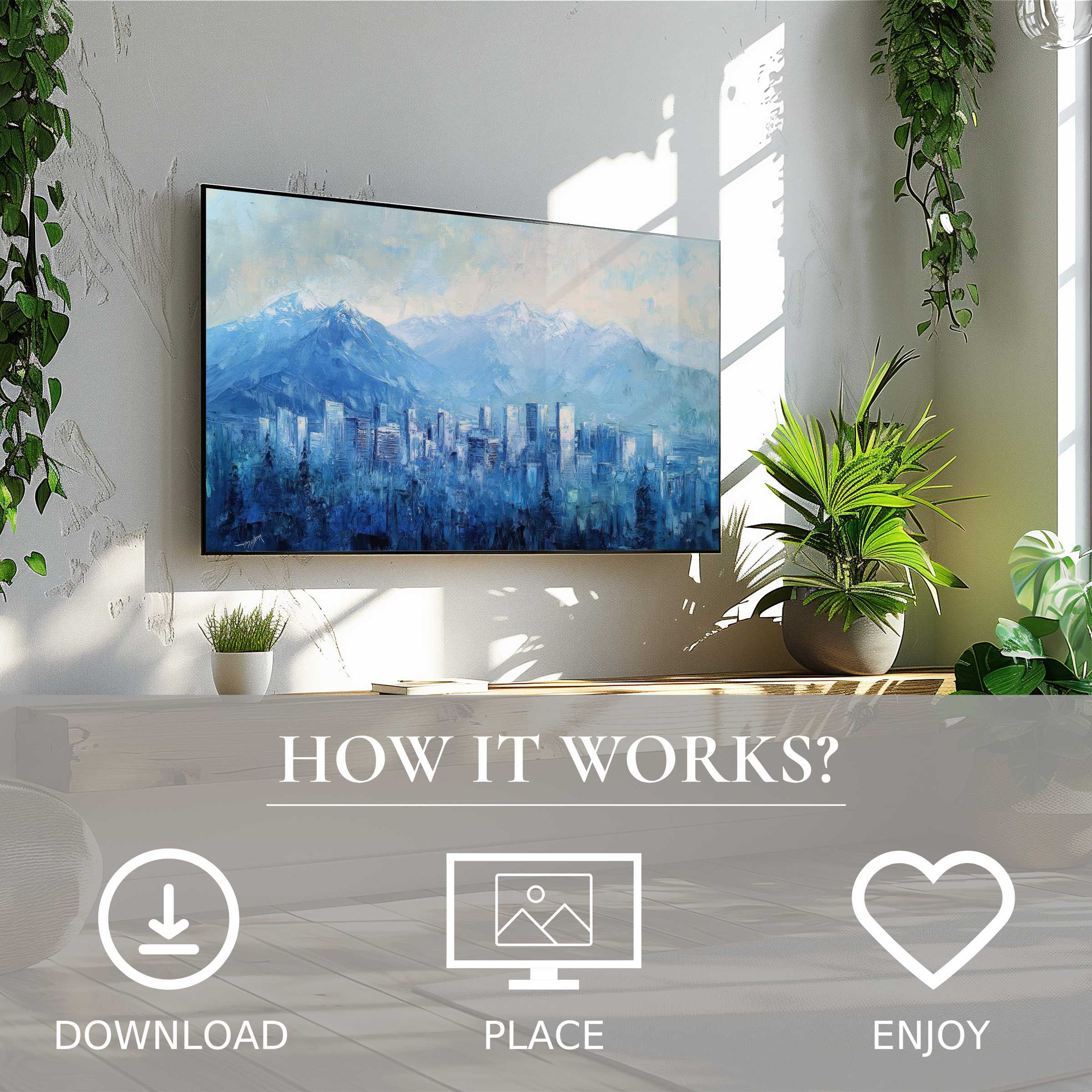Modern living room with urban art for Samsung TV, easy digital download; cityscape in soft blue tones enhances space