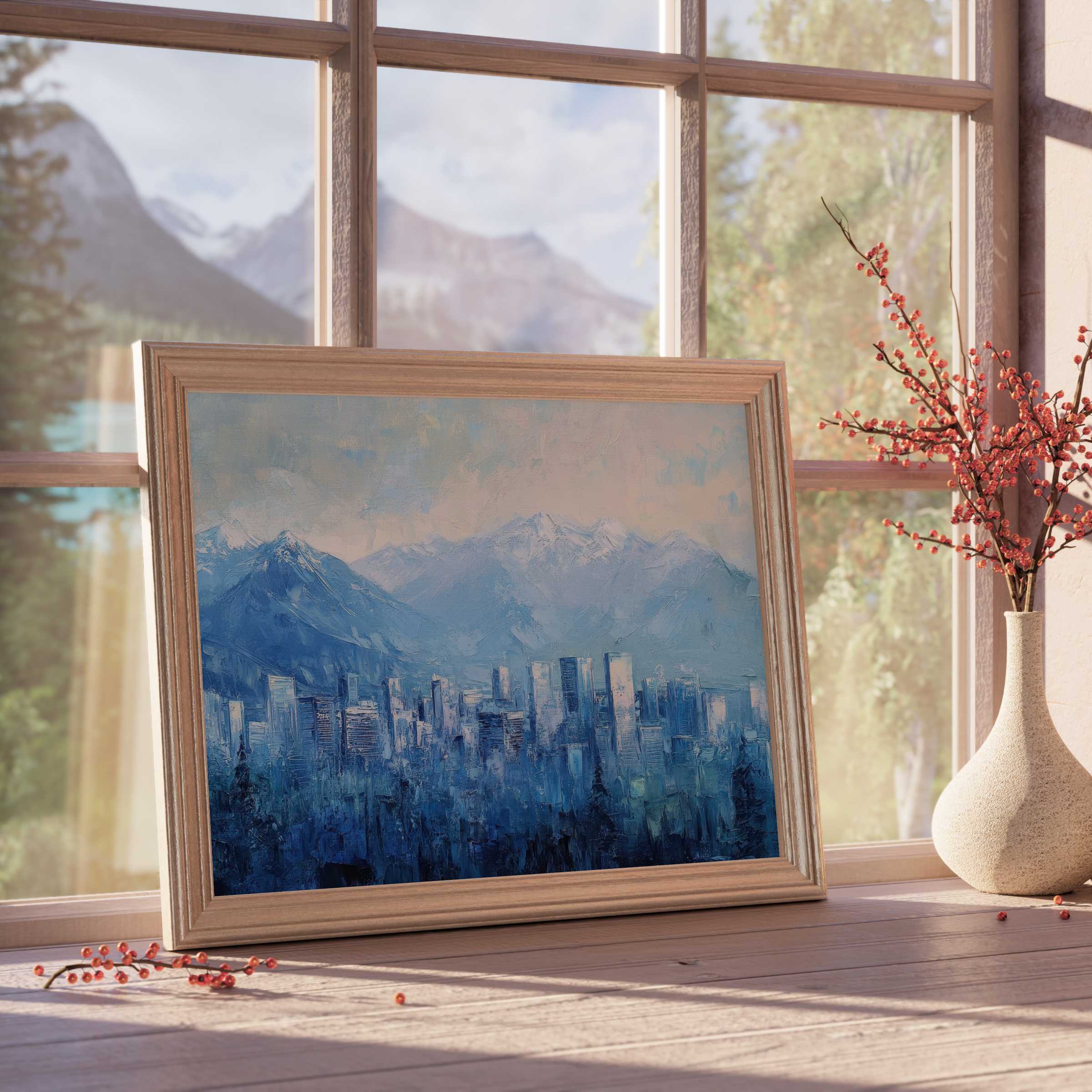 Urban downloadable art capturing serene cityscape hues with textured blues, perfect for tranquil, design-forward interiors