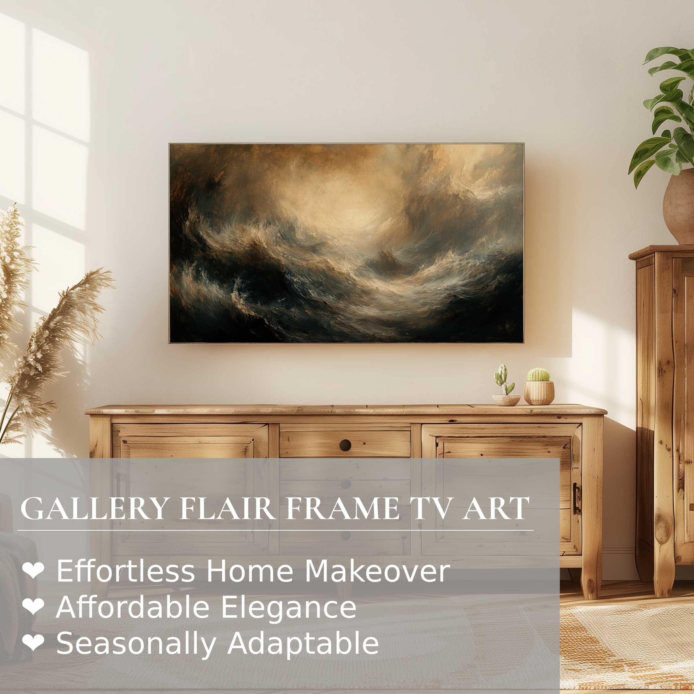 Samsung Frame TV displays coastal digital artwork with moody waves, enhancing refined and modern home decor