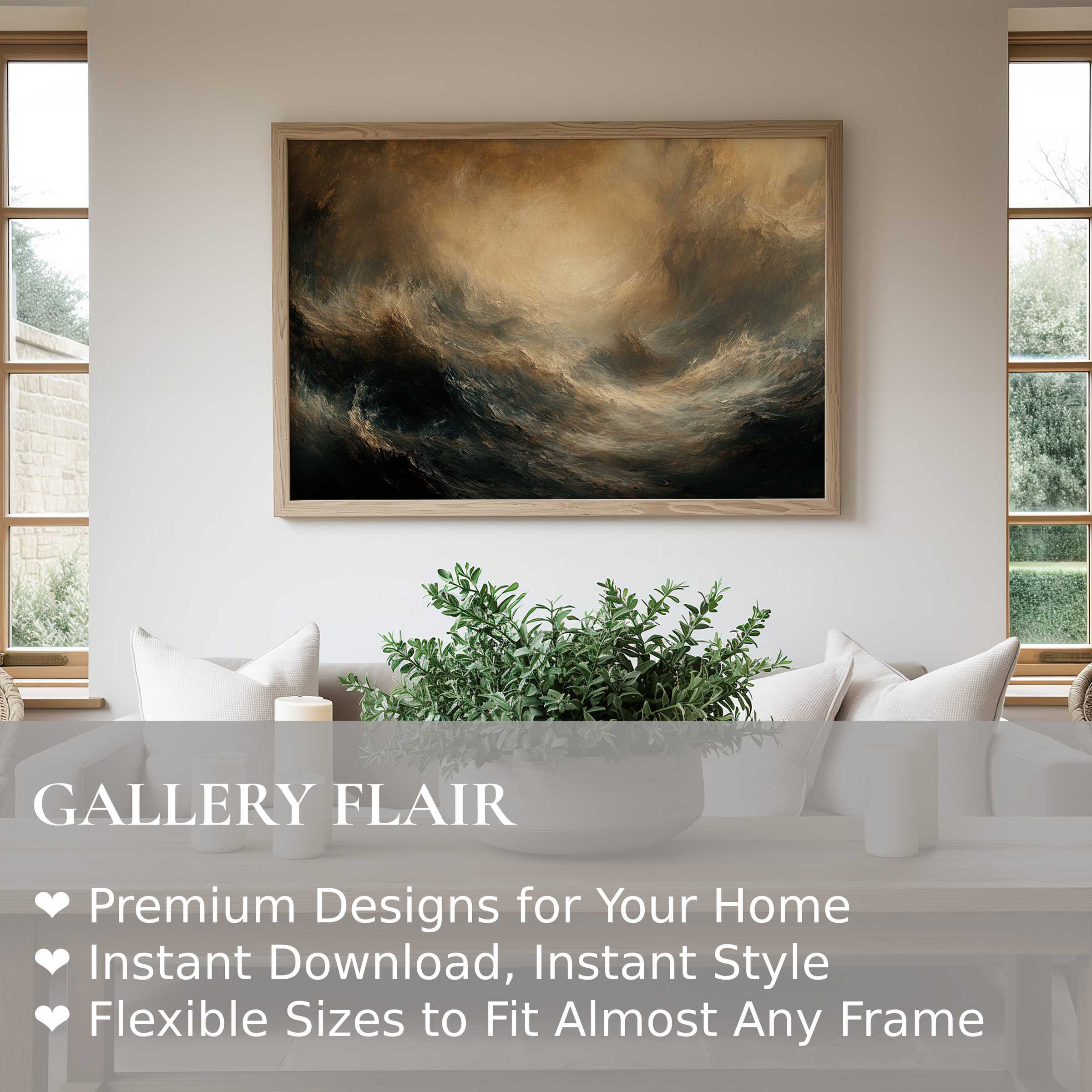 Coastal wall art print with swirling stormy seas in warm neutrals, elevating modern coastal interiors with bold, serene elegance
