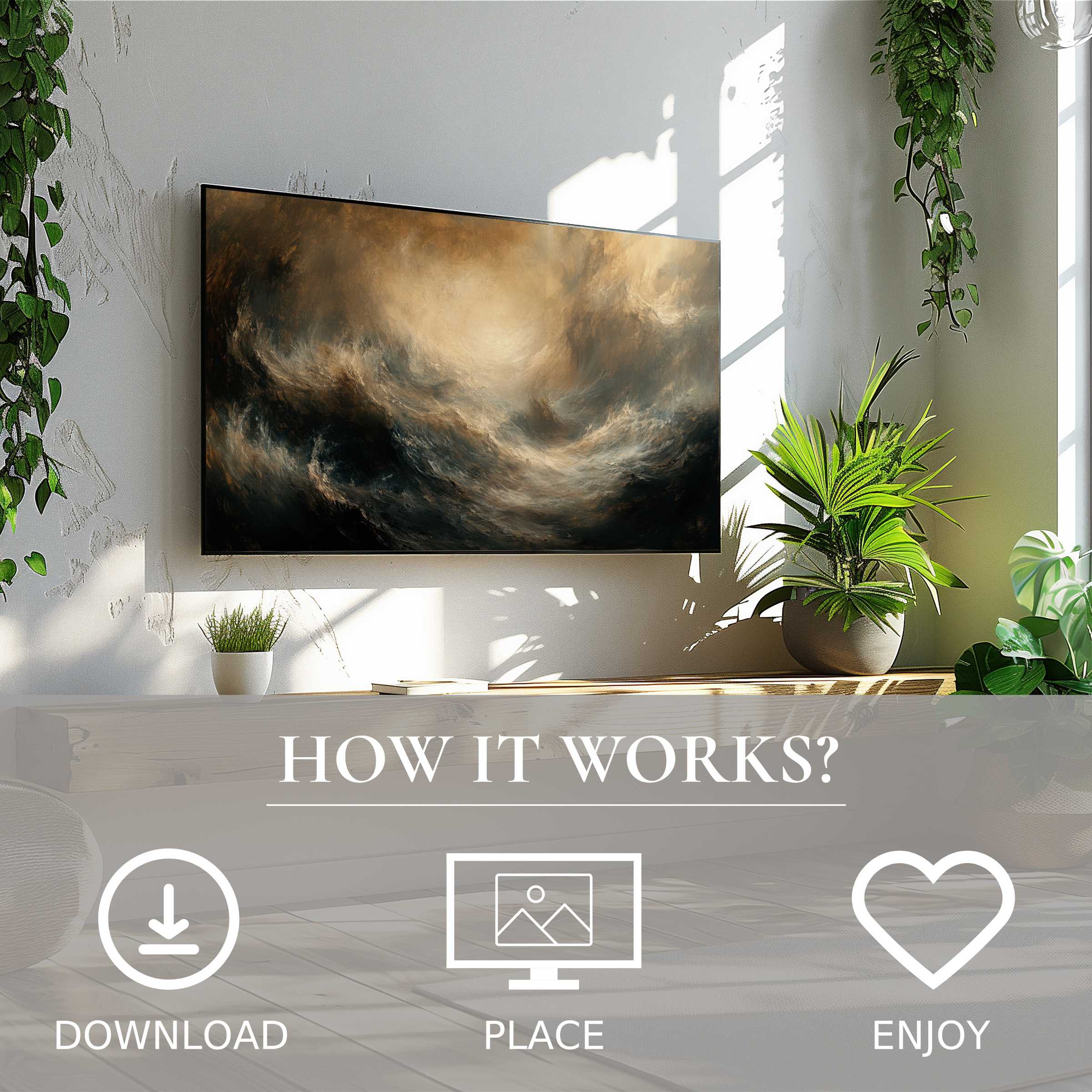 Modern living room with coastal art for Samsung TV, soft sunset tones, easy digital download enriches space