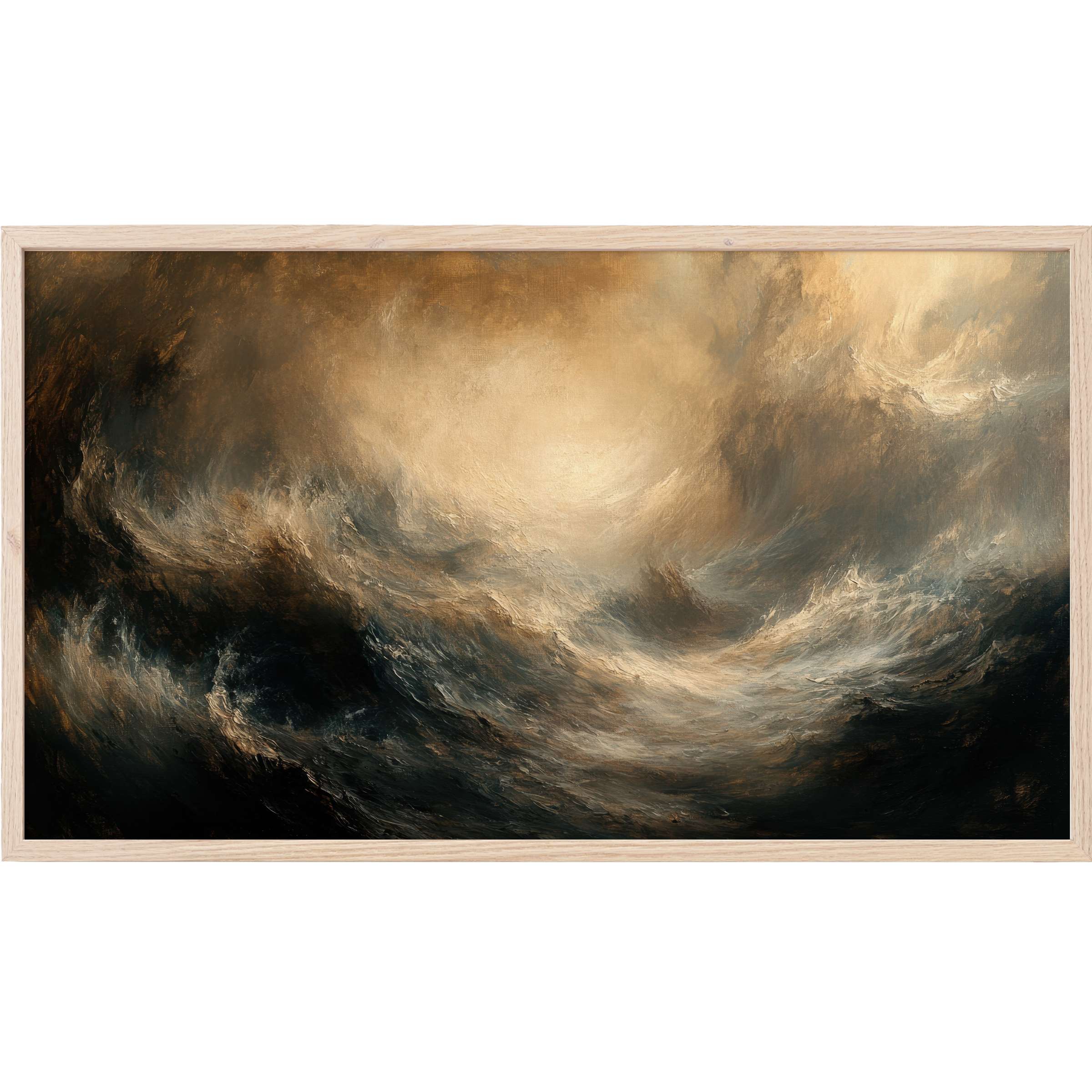 Dramatic coastal storm in deep blues and warm golds, textured with dynamic brushstrokes, coastal Frame TV Art