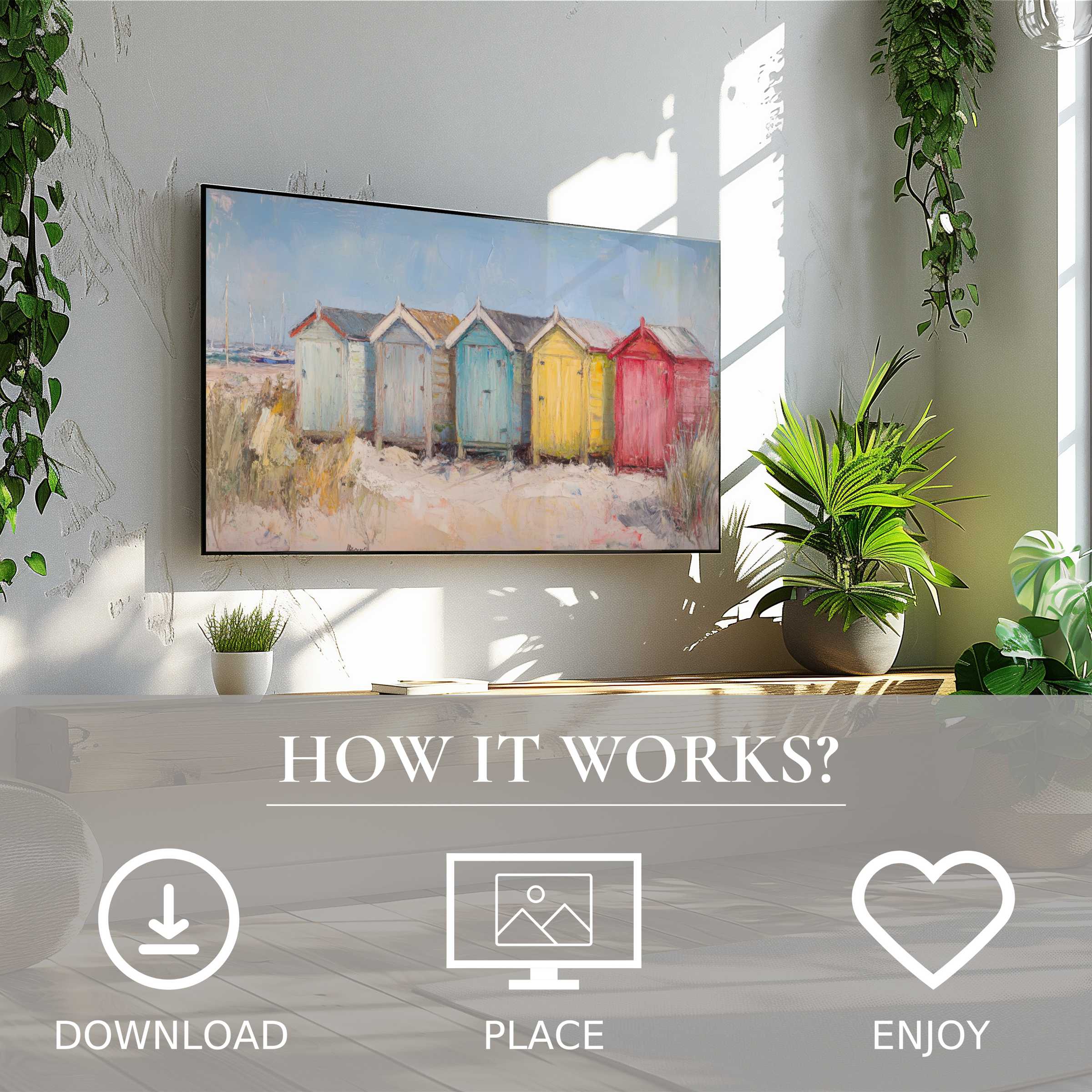 Beach art for Samsung TV shows colorful beach huts in soft pastel tones, easy digital download enriches modern decor