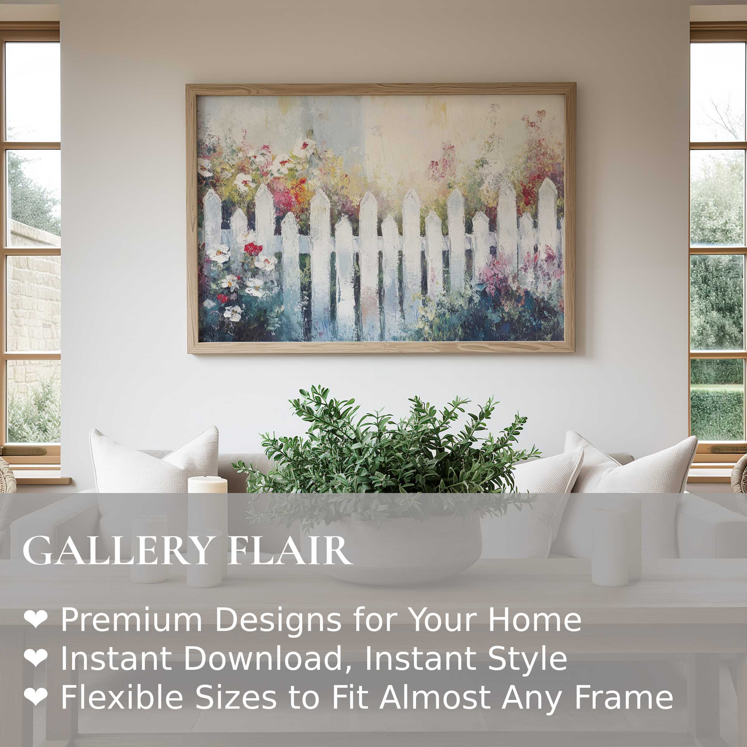 Farmhouse wall art print featuring a serene white picket fence with vibrant floral blooms, enhancing rustic modern interiors