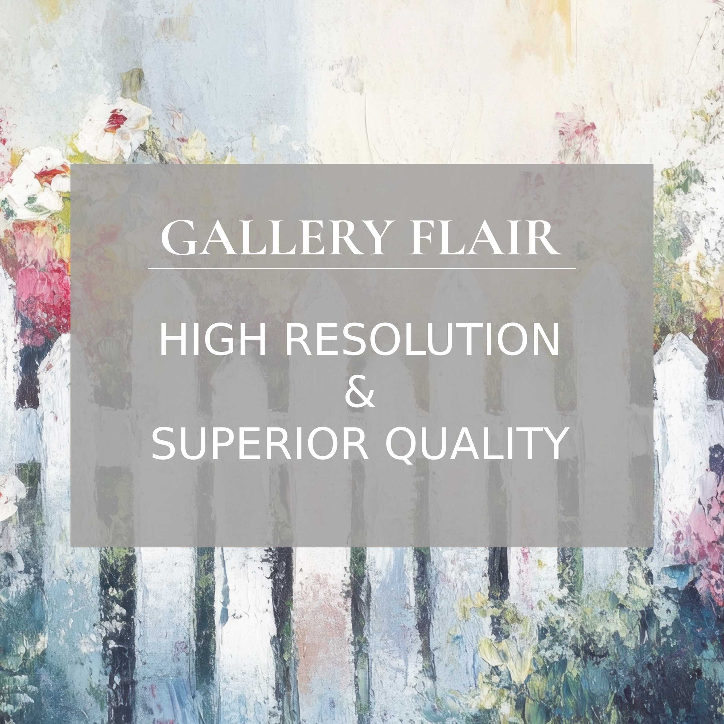 Farmhouse printable art with a serene, painterly garden and white picket fence, radiating calming elegance and upscale charm