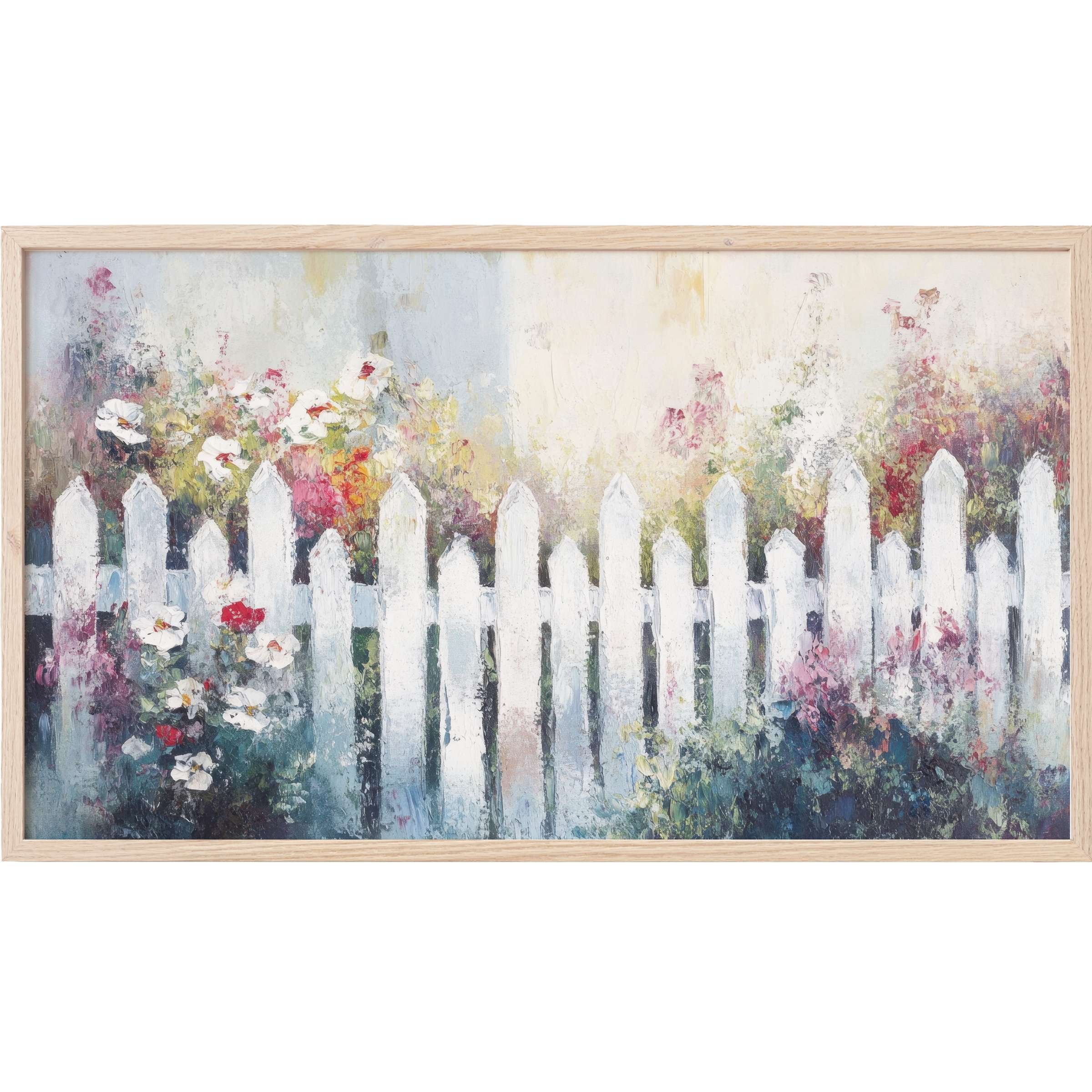 Farmhouse Frame TV Art with textured white picket fence and blooming flowers in soft pastels and vibrant hues