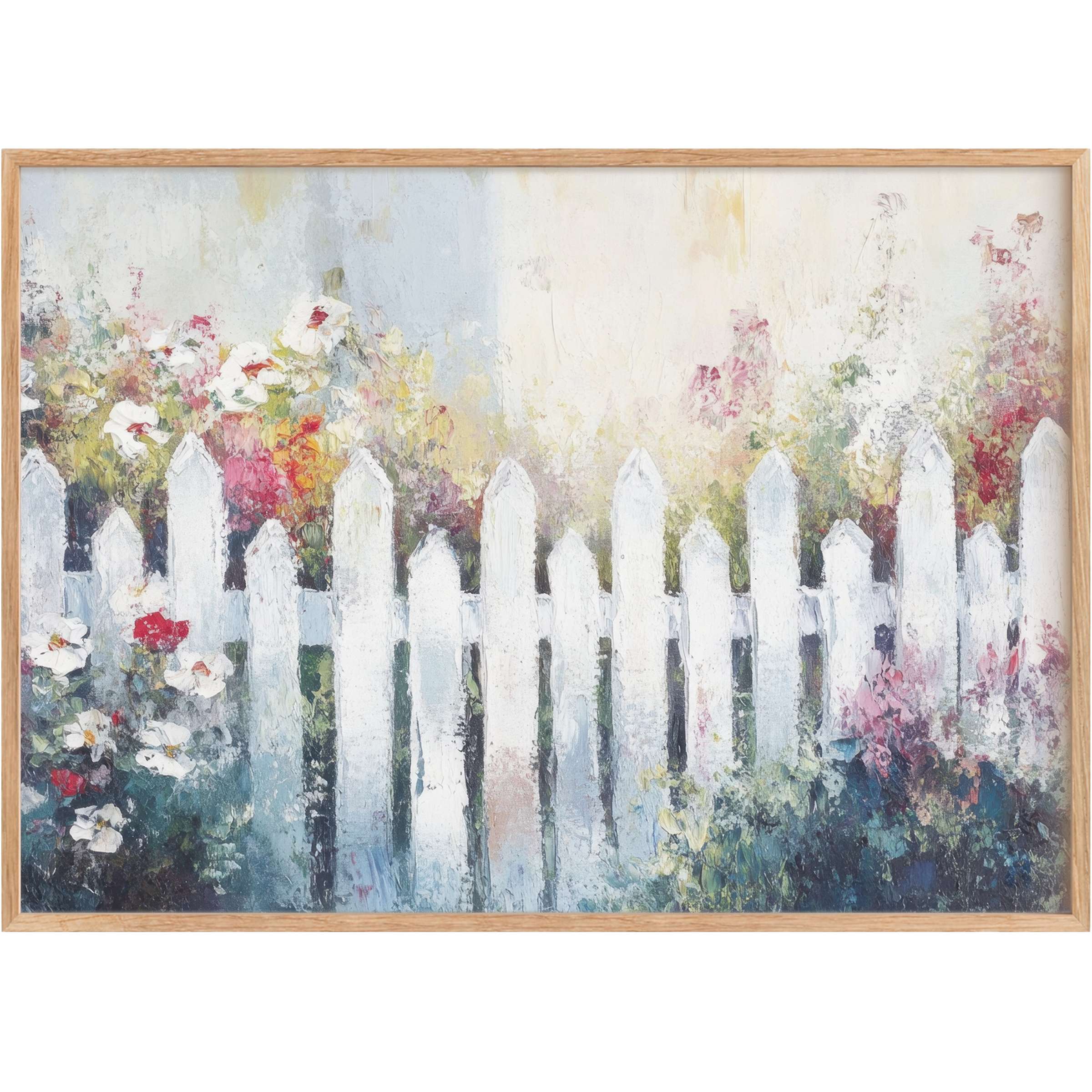 Serene farmhouse printable wall art with a soft white picket fence and blooming florals, evoking radiant, peaceful charm