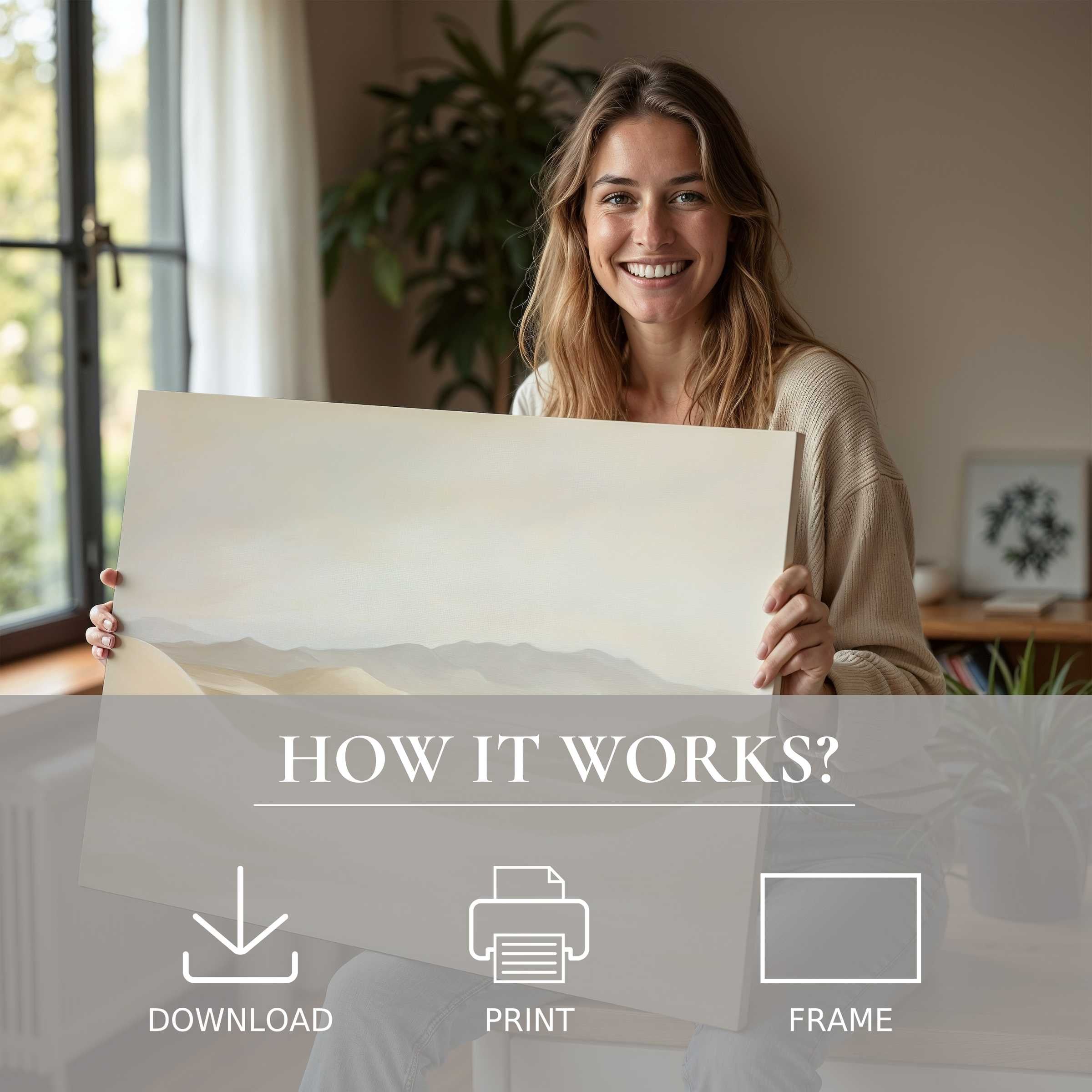 A serene moment of joy and connection as a woman embraces a neutral digital art print, inviting effortless elegance into modern living