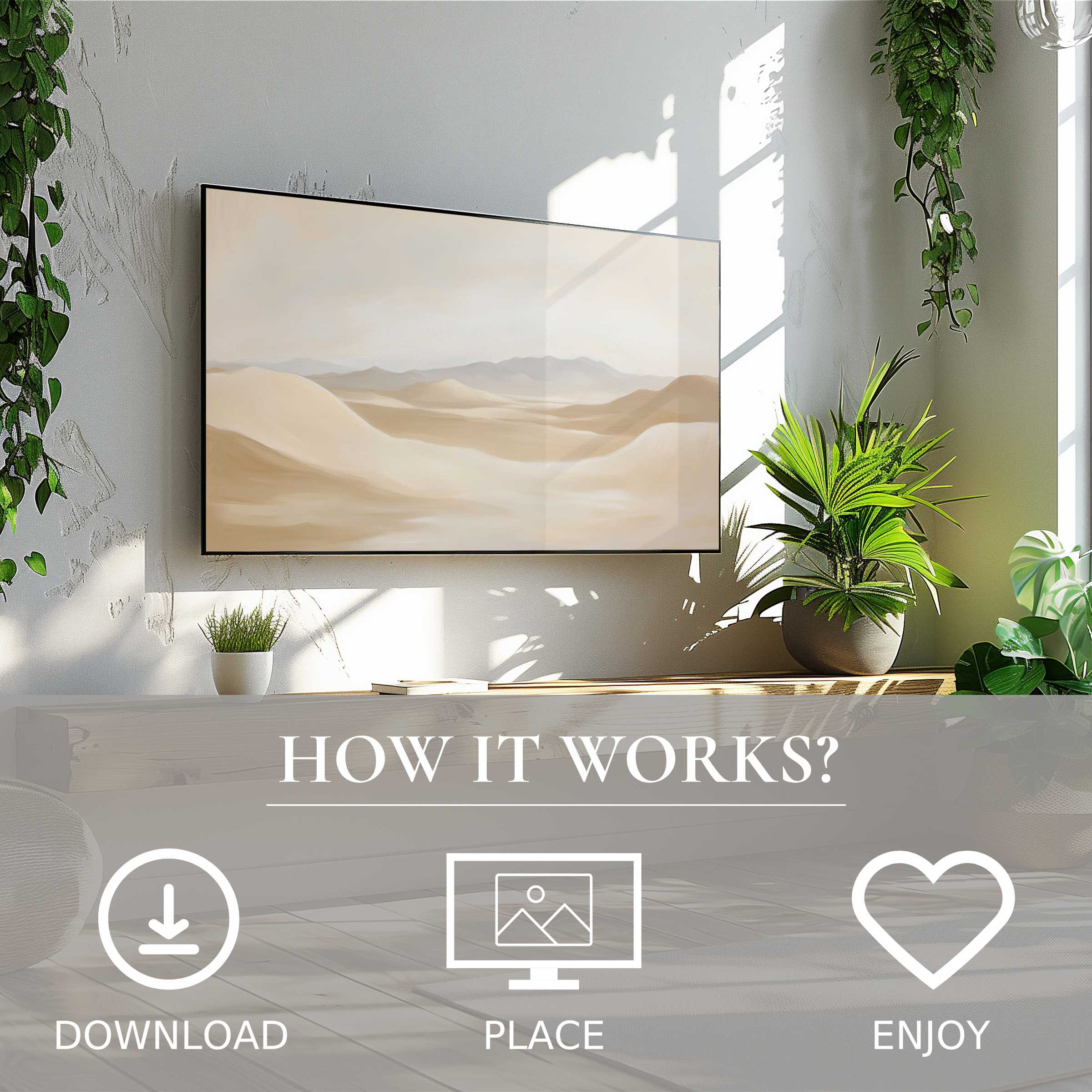 Neutral art for Samsung TV showing soft desert tones, easy digital download enhances modern living spaces effortlessly