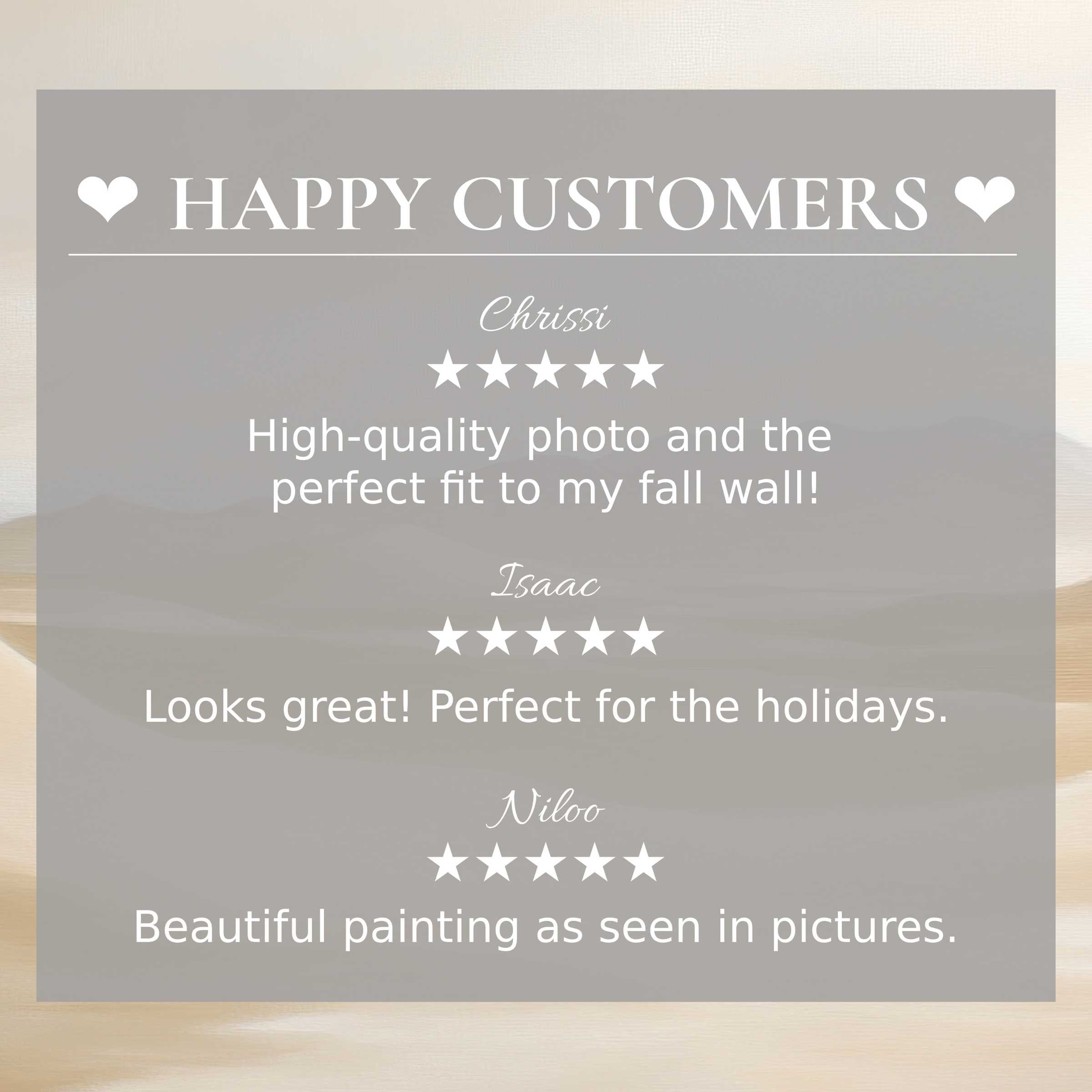 Happy customer reviews highlight trust and style with neutral art for Frame TV, set against soft, abstract sunset hues