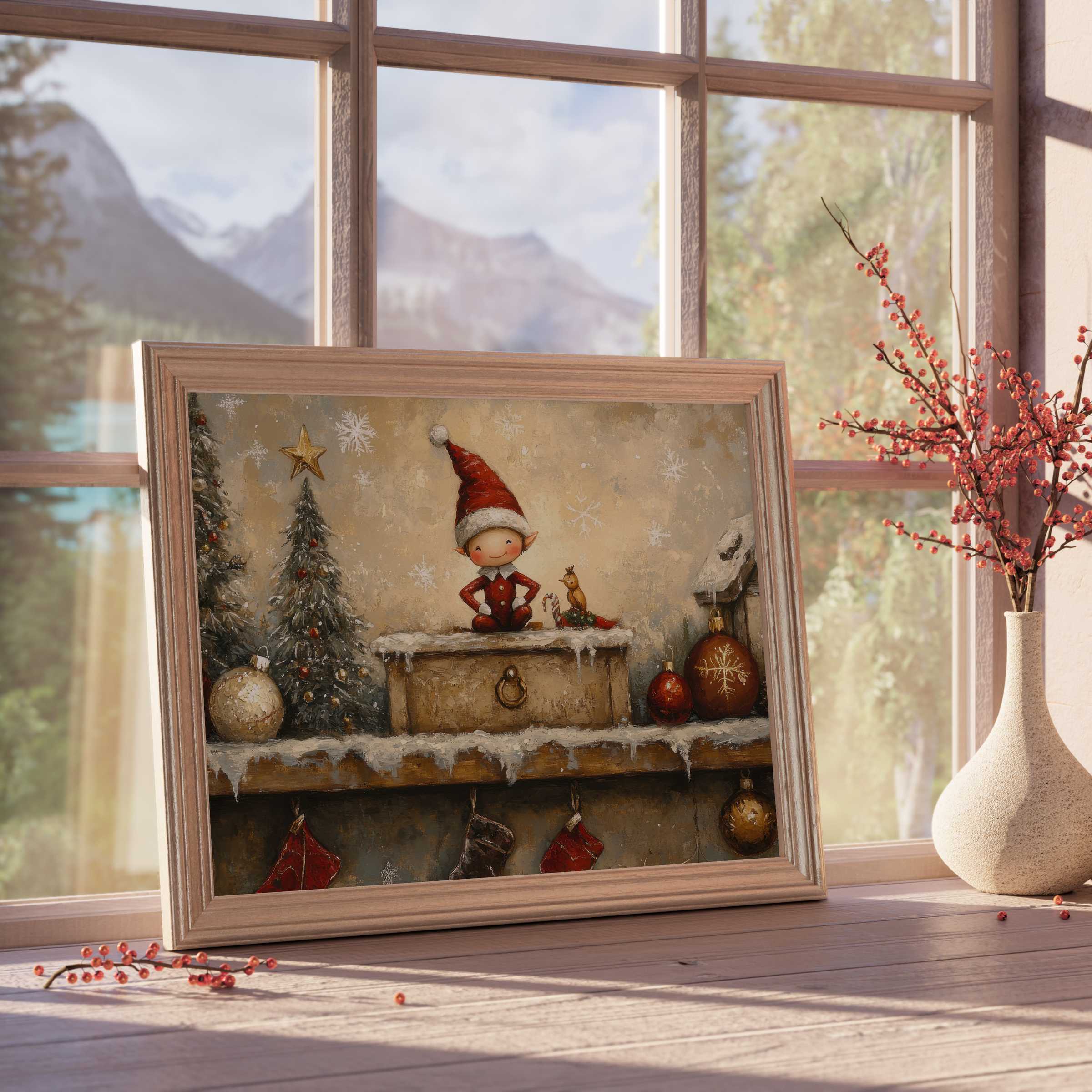 Charming Christmas downloadable art featuring a whimsical elf in a snowy mantel scene, perfect for curated, tranquil interiors