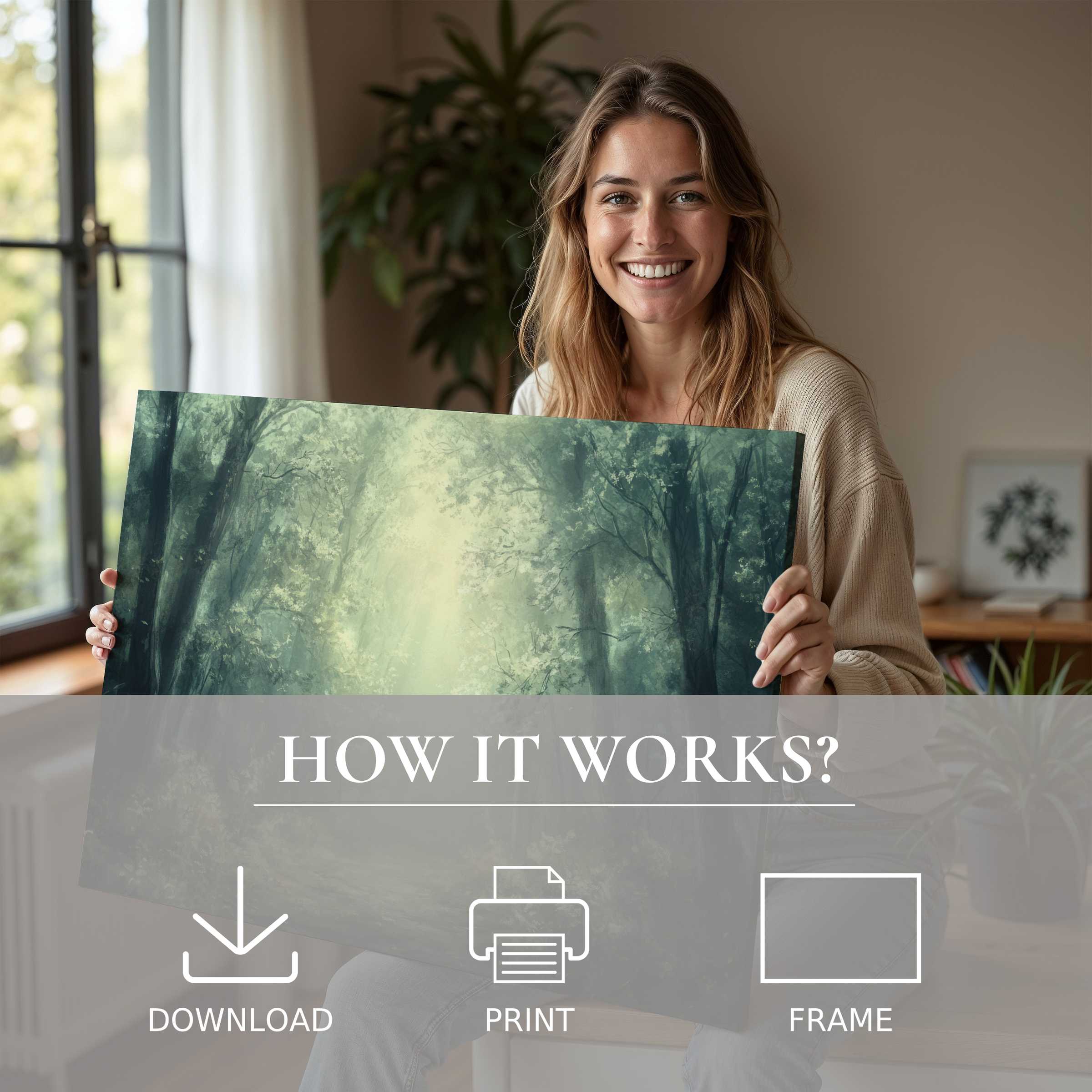 Radiant joy in a serene moment, showcasing a vintage digital art print that transforms modern spaces with soulful beauty