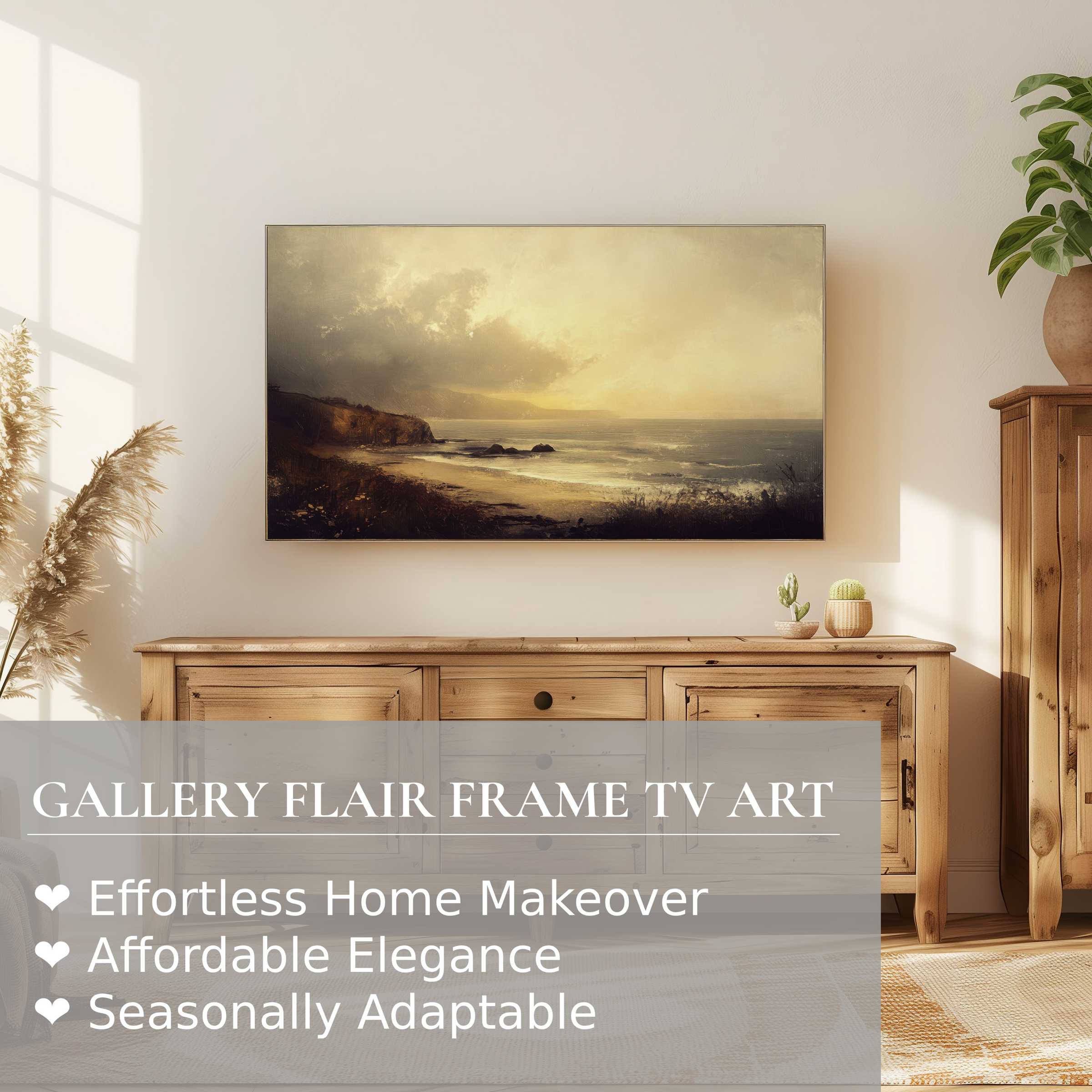 Samsung Frame TV displaying serene, moody landscape digital artwork in a chic, minimalist living space setting