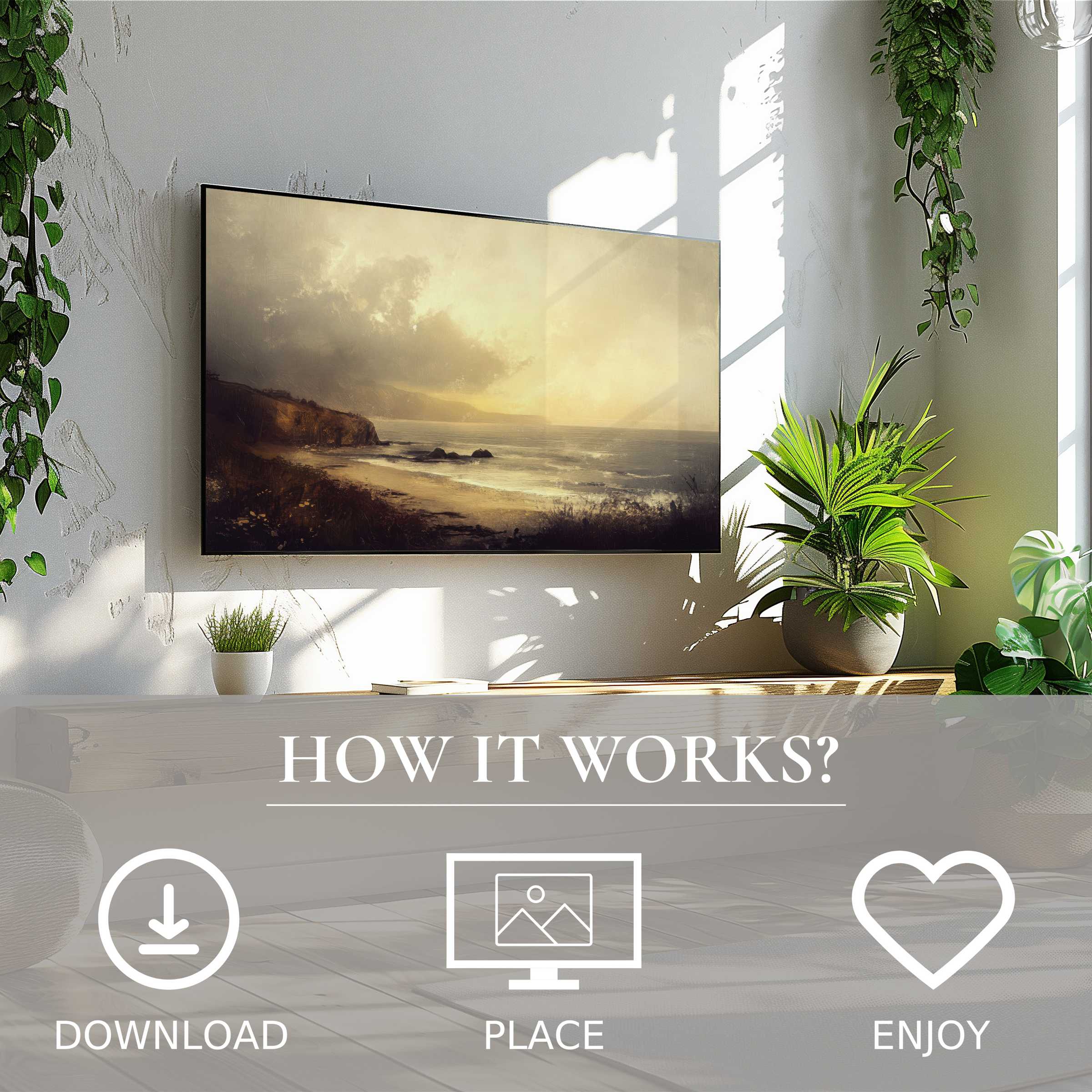 Modern living room with landscape art for Samsung TV, warm coastal tones, simple digital download, elevates space