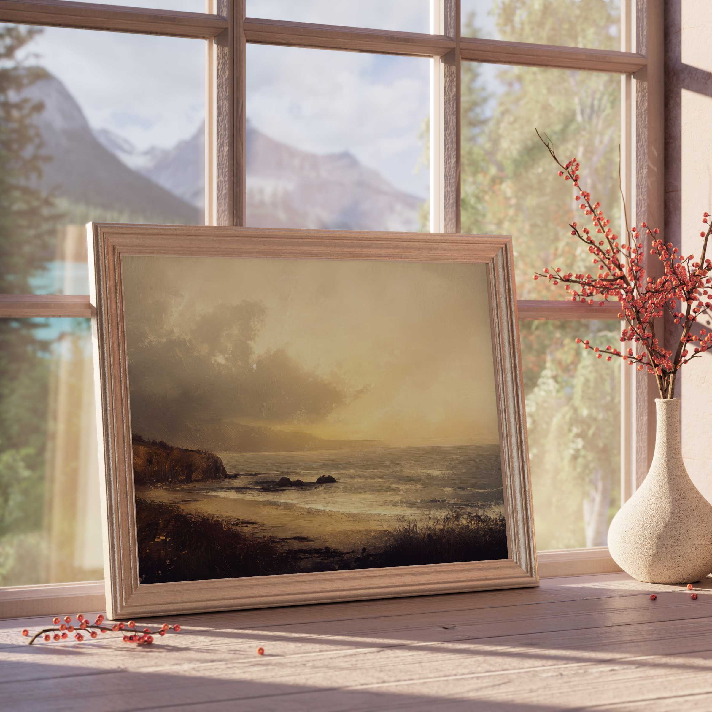 Serene landscape downloadable art capturing a misty coastal dusk, enhancing tranquil, design-forward interiors with warm, natural tones