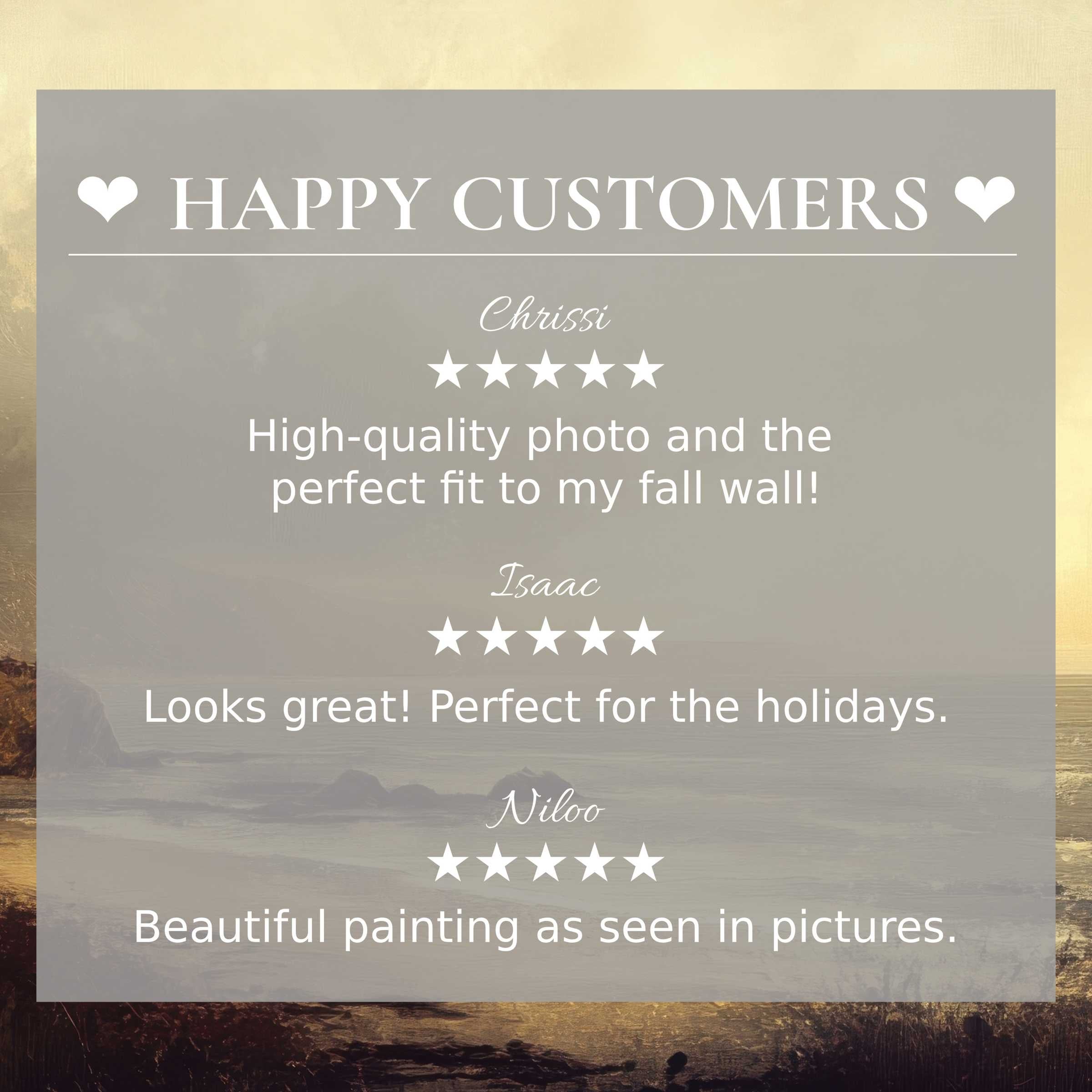 Landscape art for Frame TV with soft sunset hues; happy customer reviews build trust and highlight elegant aesthetics