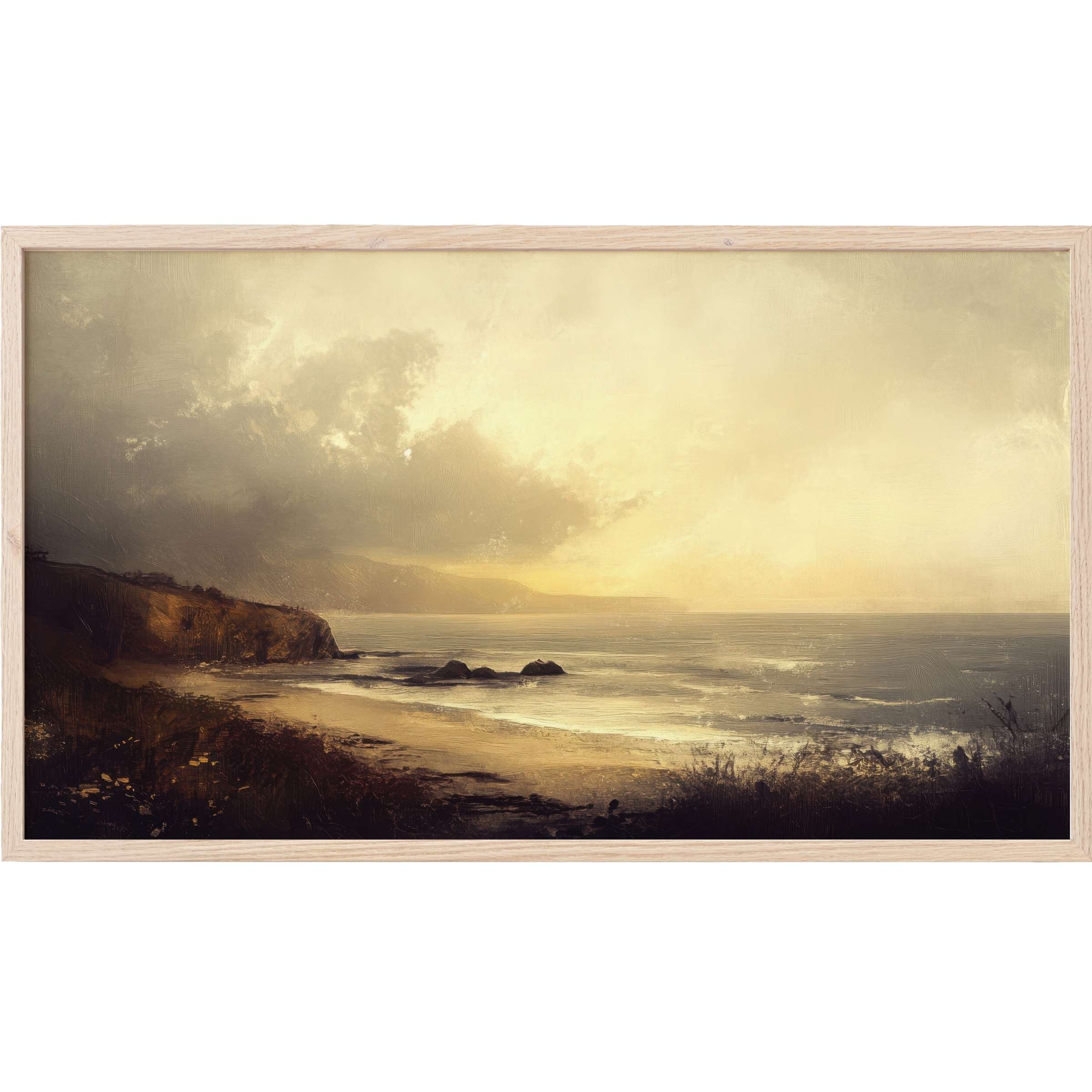 Moody coastal scene in warm golden tones with textured clouds, perfect landscape Frame TV Art for refined interiors