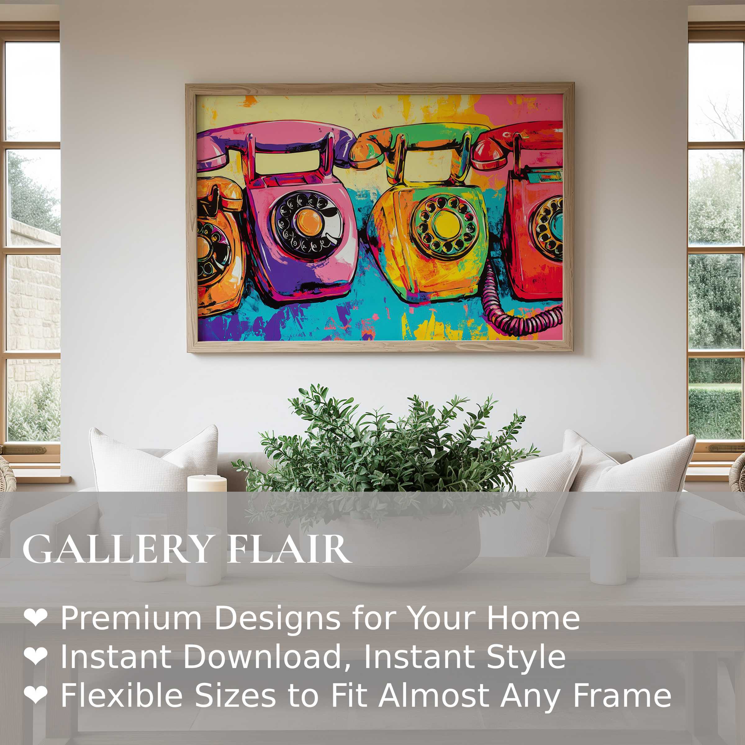 Vibrant pop art wall art print featuring retro rotary phones in bold hues, adding energetic charm to a modern, minimalist living space