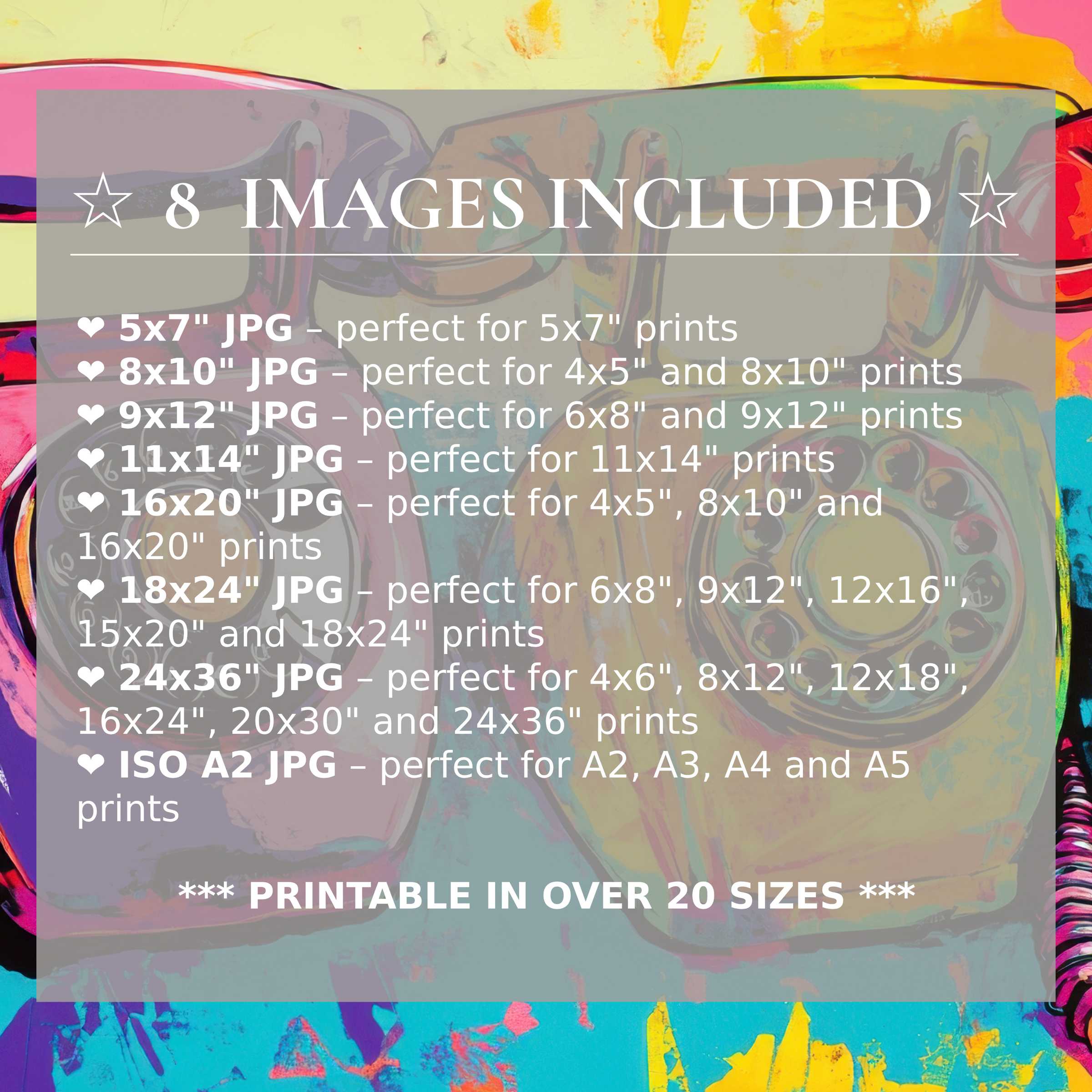 Radiant pop art digital print in vibrant pink, yellow, blue hues, elevating modern interiors with style; includes 8 high-quality sizes