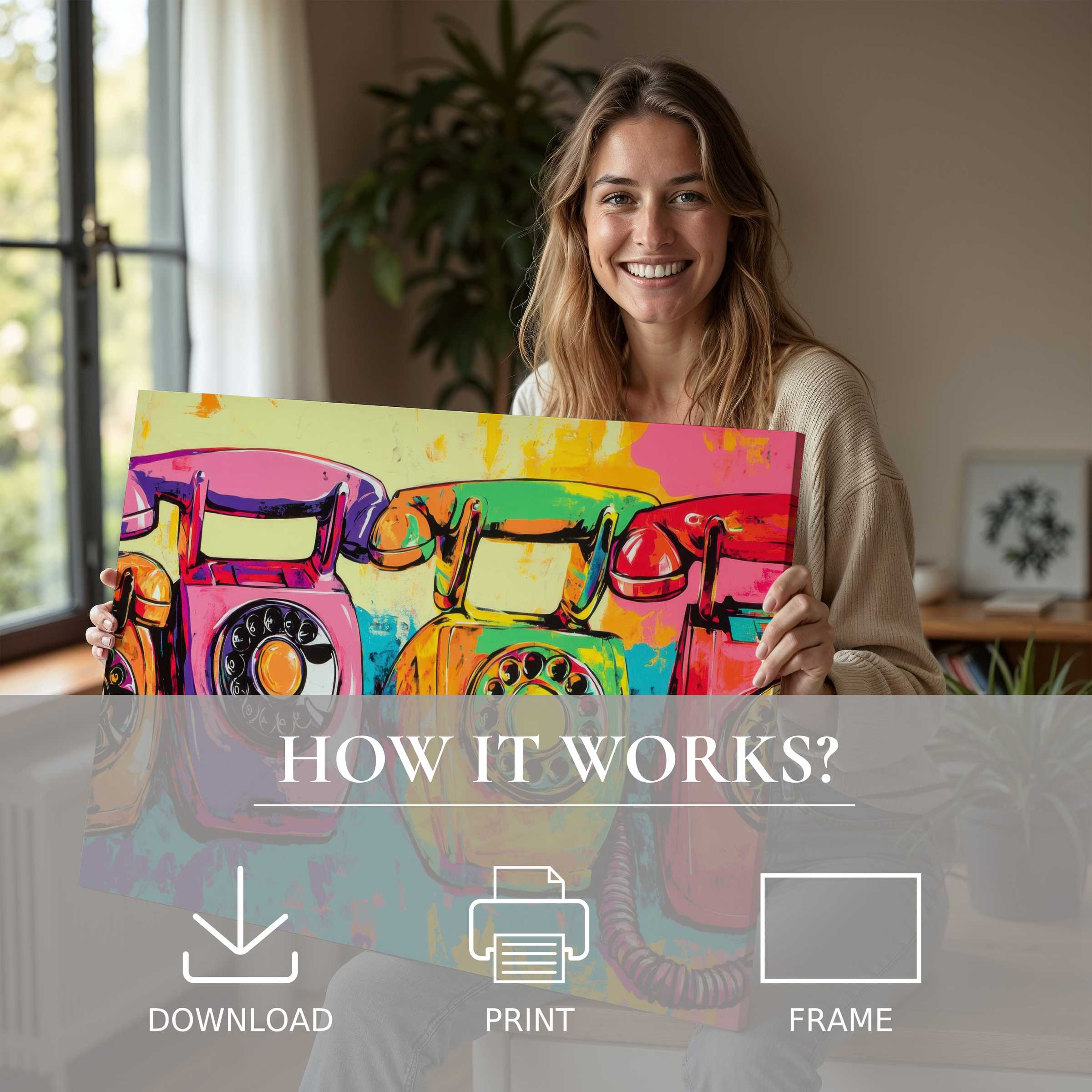 A serene moment of joyful connection with pop art digital art print, radiating vibrant energy in a stylish modern home