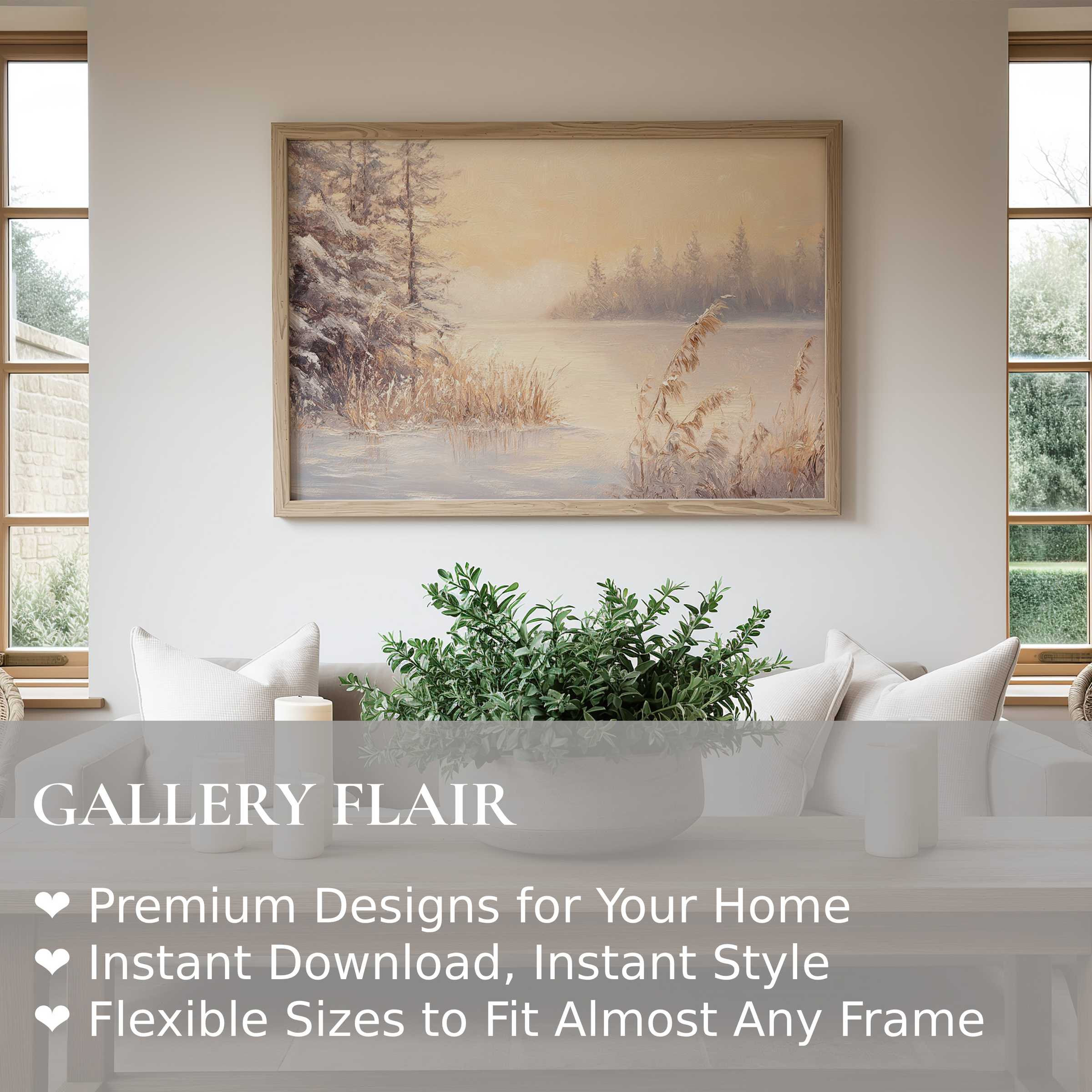 Winter wall art print capturing a serene, soft-hued landscape with frosted trees, enriching modern minimalist interiors with calming elegance