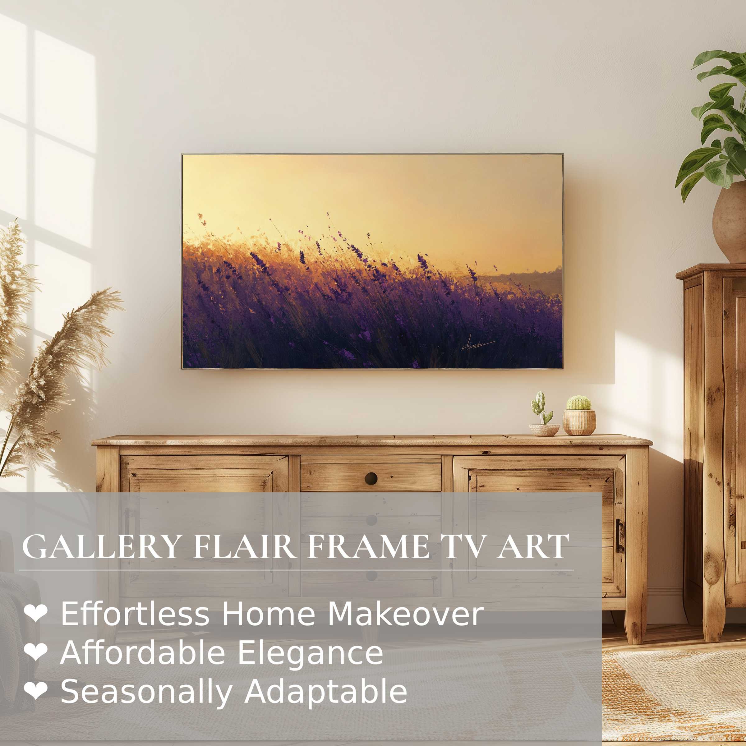Elegant summer digital artwork of lavender fields at sunset on Samsung Frame TV in warm modern decor