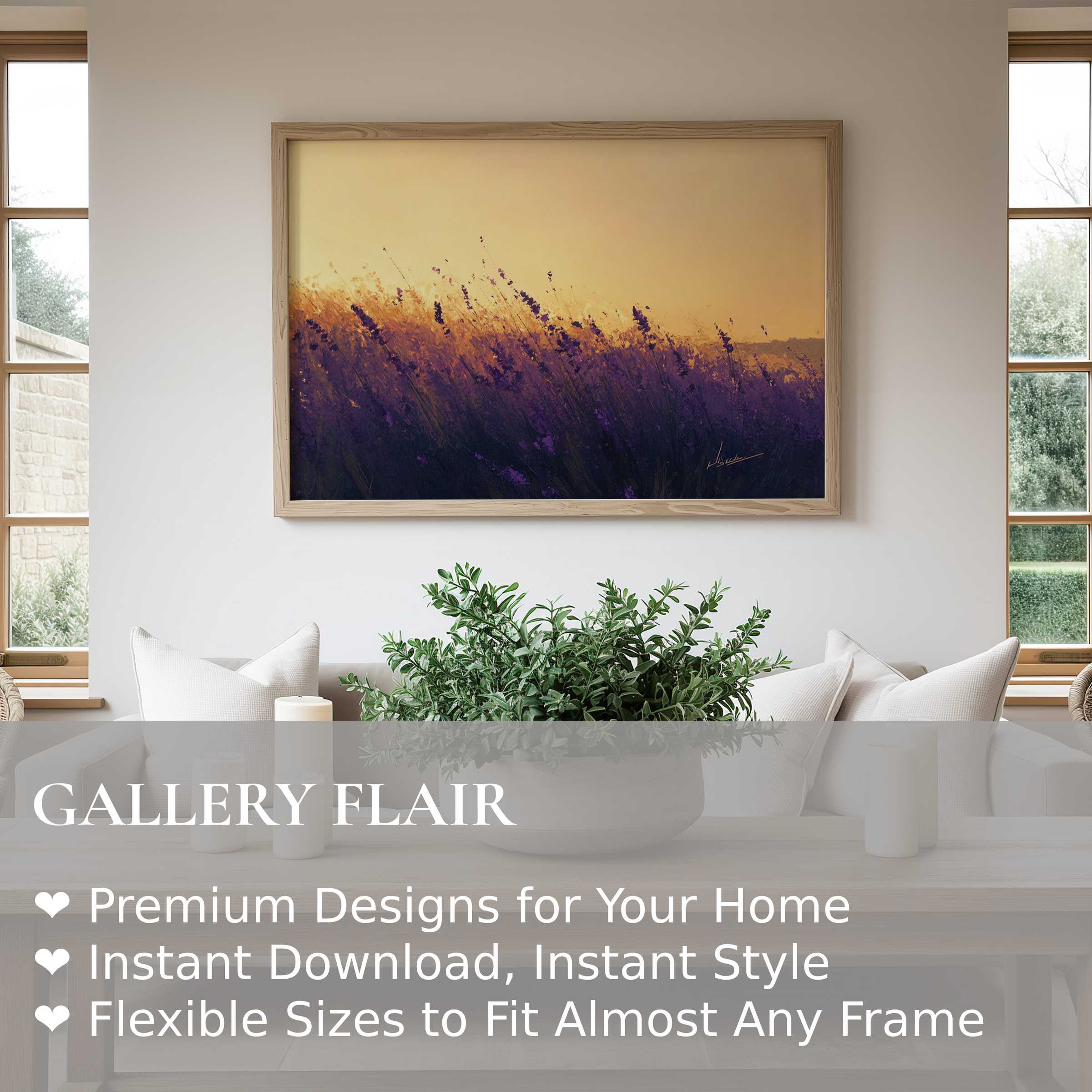 Radiant summer wall art print capturing golden sunset hues over vibrant lavender fields, enhancing modern minimalist interiors with natural warmth and calm
