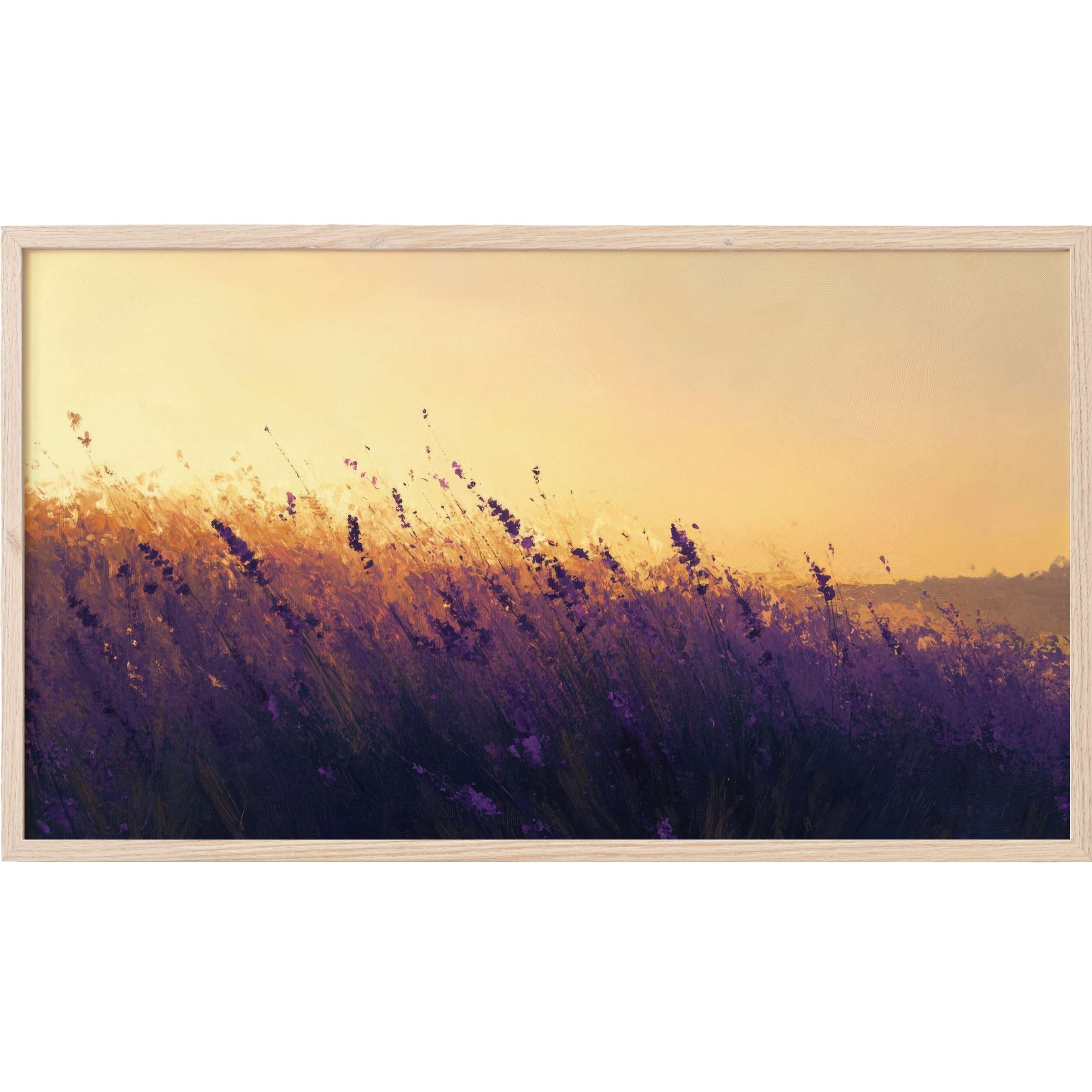 Elegant summer Frame TV Art showcasing a lavender field at dusk with soft golden and deep purple hues