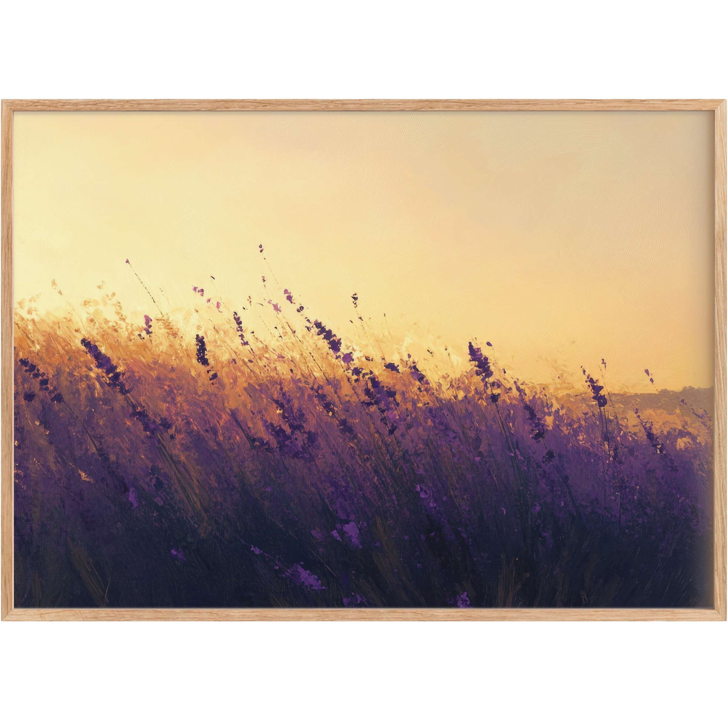 Radiant summer printable wall art blending golden sunlight with deep purple blooms, evoking warmth and serene elegance