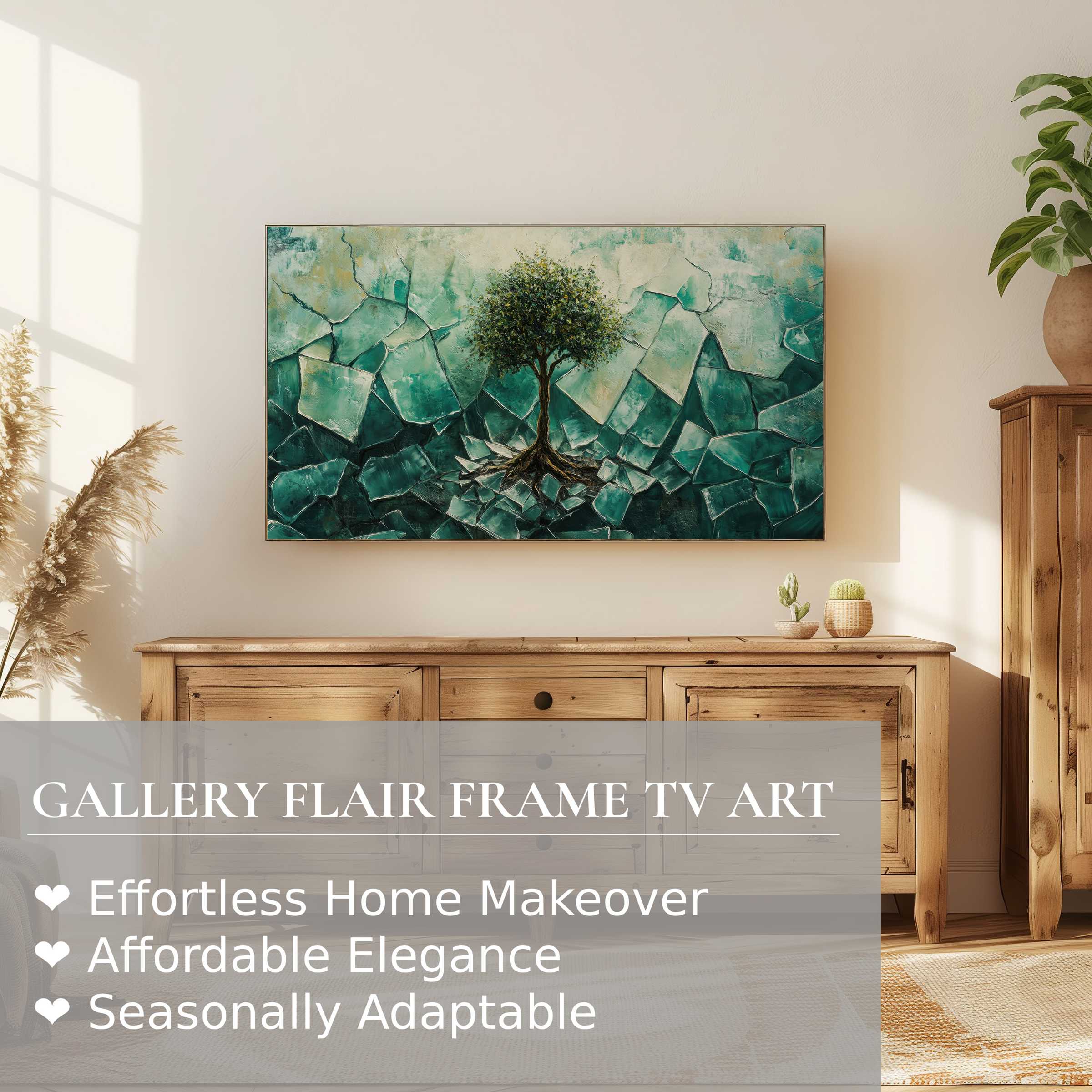 Samsung Frame TV displaying refined street art digital artwork with tree motif in a stylish, serene living space