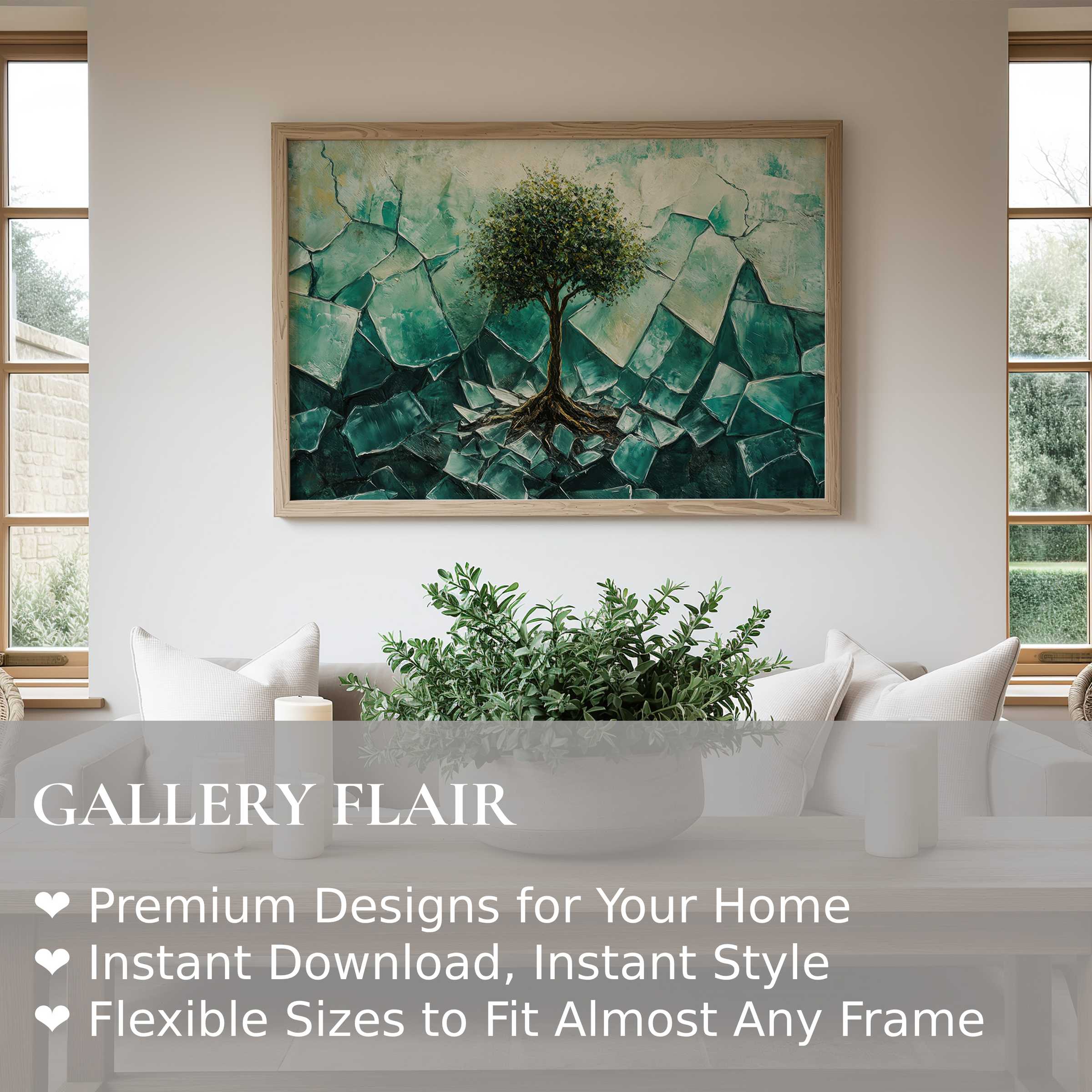 Bold street art wall art print featuring a solitary tree rooted in cracked emerald textures, enriching modern minimalist interiors with vibrant depth and organic contrast