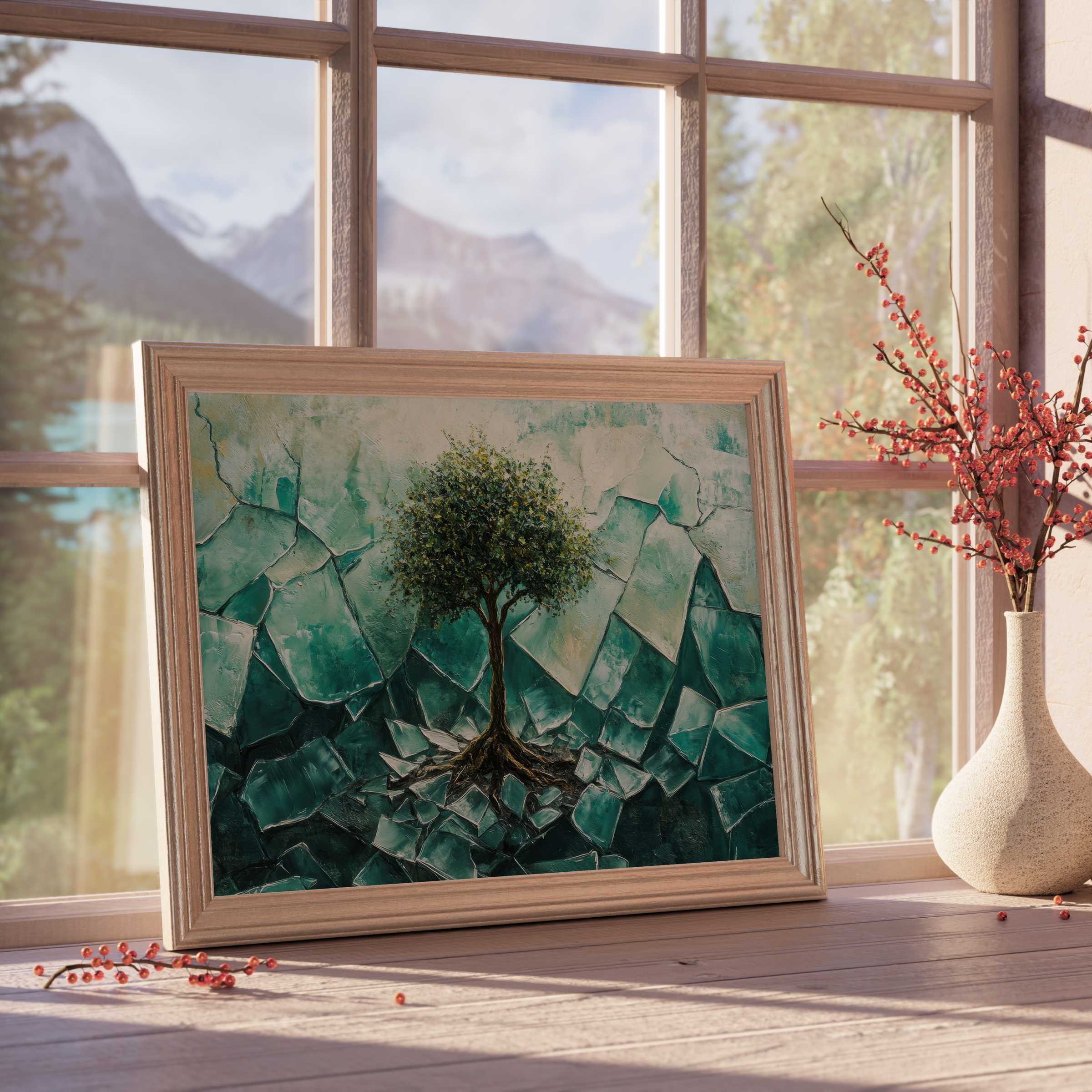 Street art downloadable art featuring a textured tree amid cracked urban surfaces, perfect for curated, tranquil modern interiors