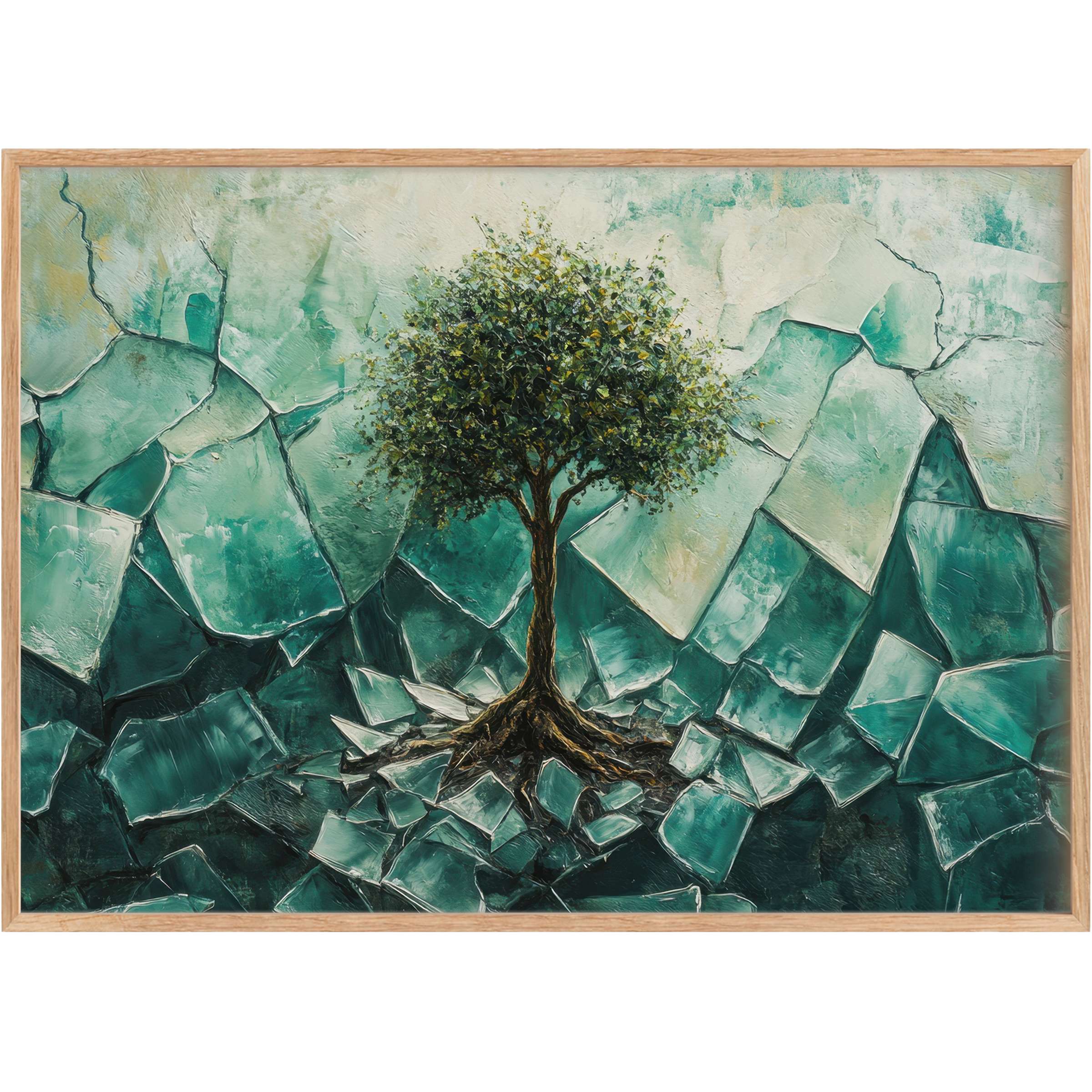 Street art printable wall art featuring a resilient tree amid fractured teal shards, evoking bold renewal and modern elegance