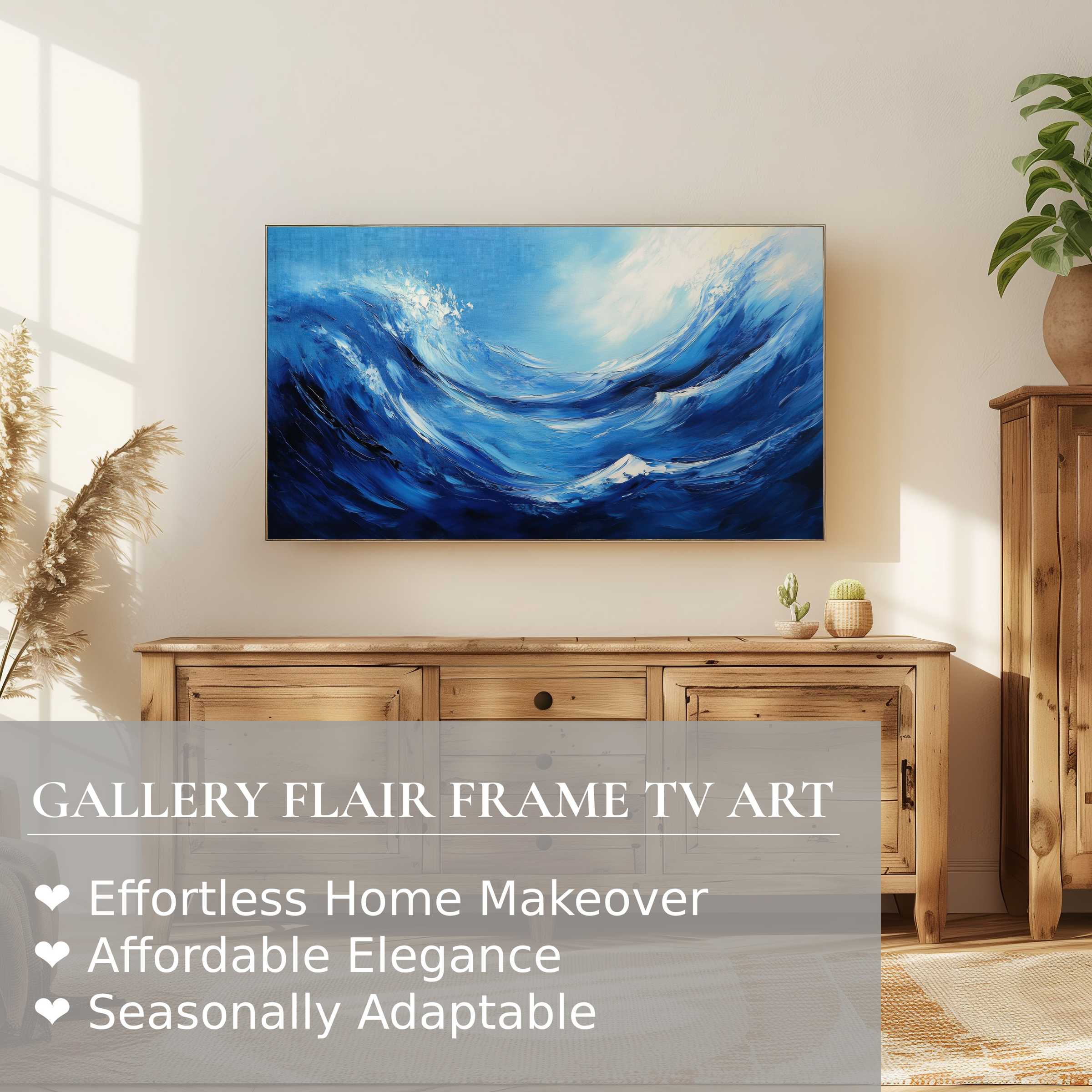 Samsung Frame TV displaying modern digital artwork of ocean waves in a sunlit, elegant living room setting