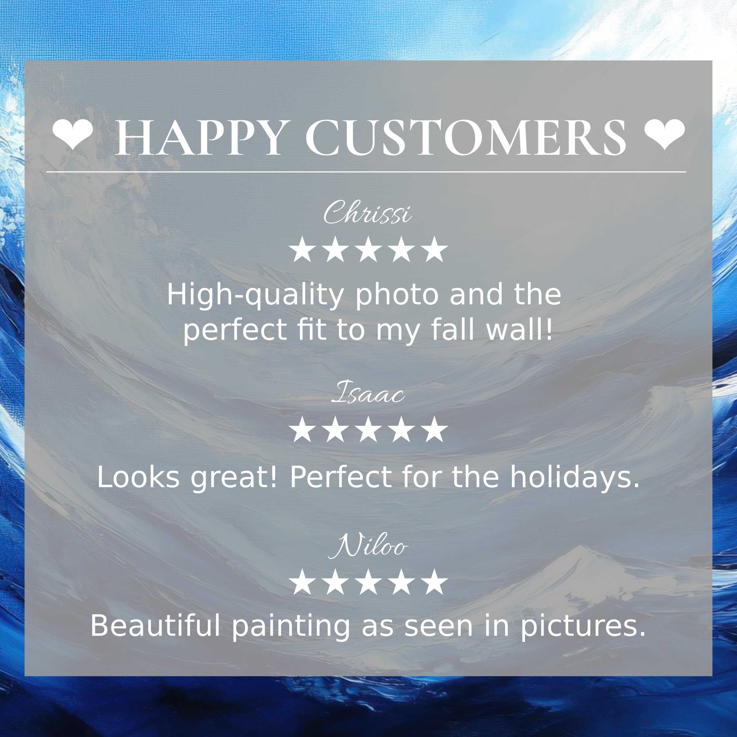 Happy customer reviews highlight modern art for Frame TV with elegant abstract blue and gray background