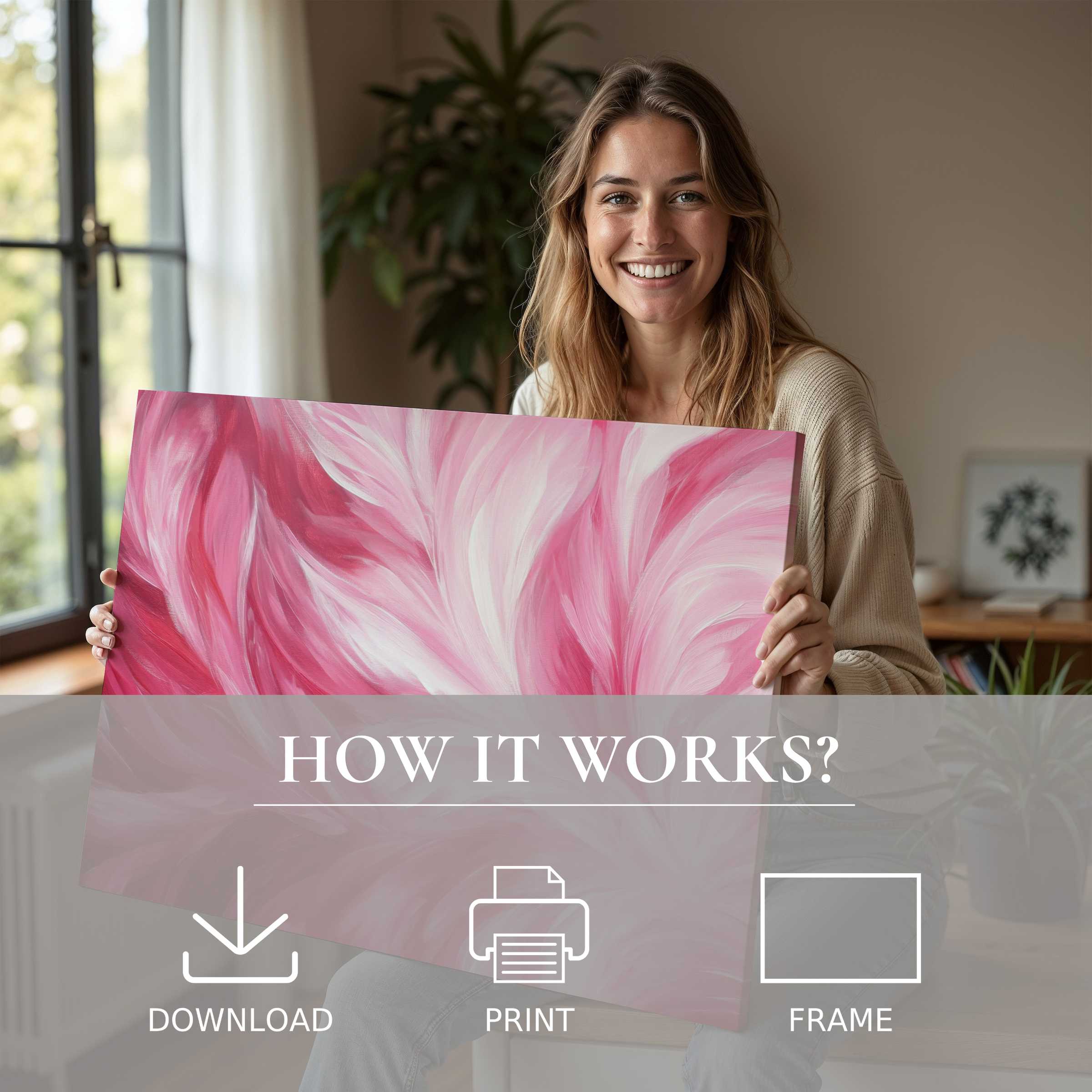 Radiant abstract digital art print in soothing pink hues, bringing joy and effortless elegance to a modern, stylish home