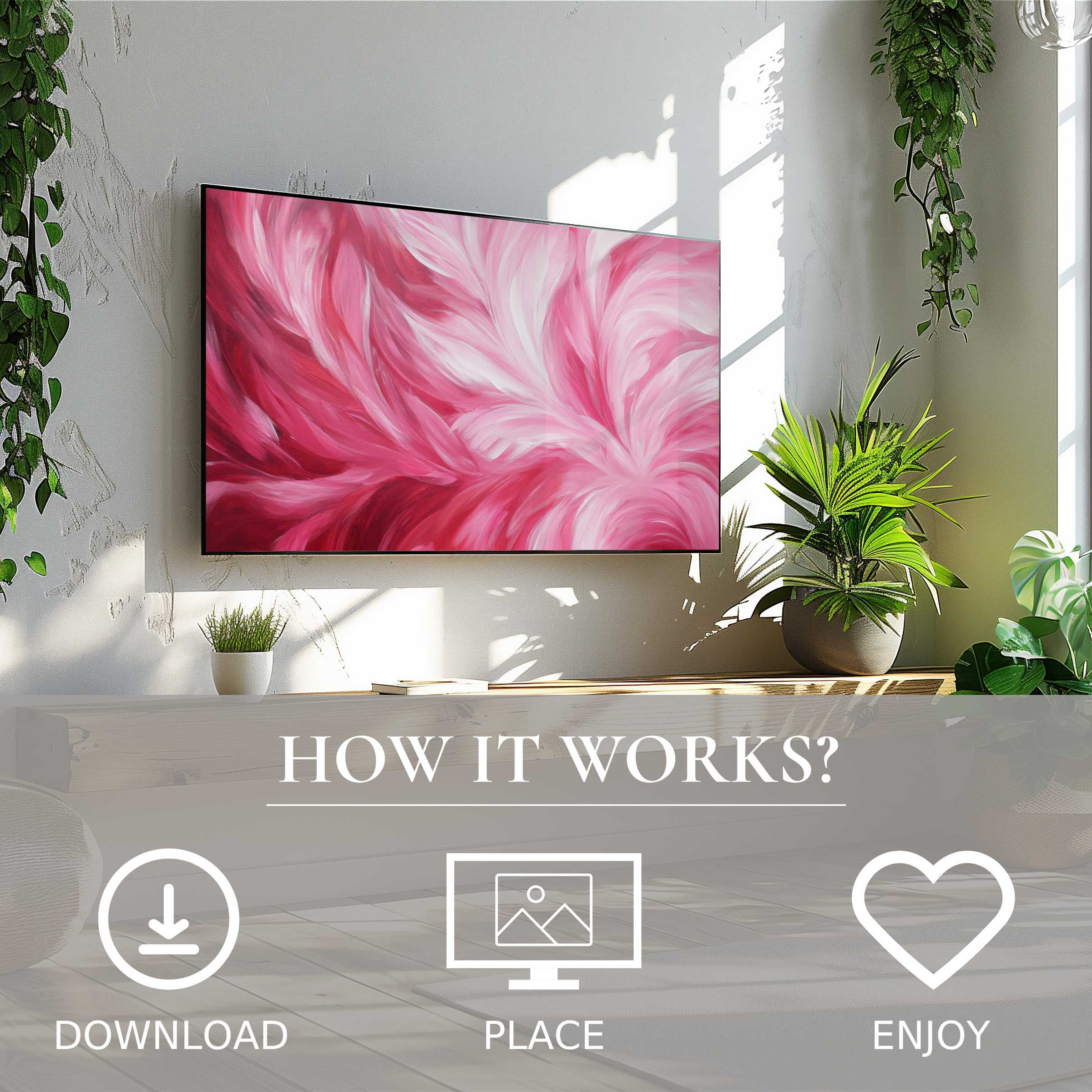 Abstract art for Samsung TV in a bright room, digital download with vibrant pink color flow enriching modern decor