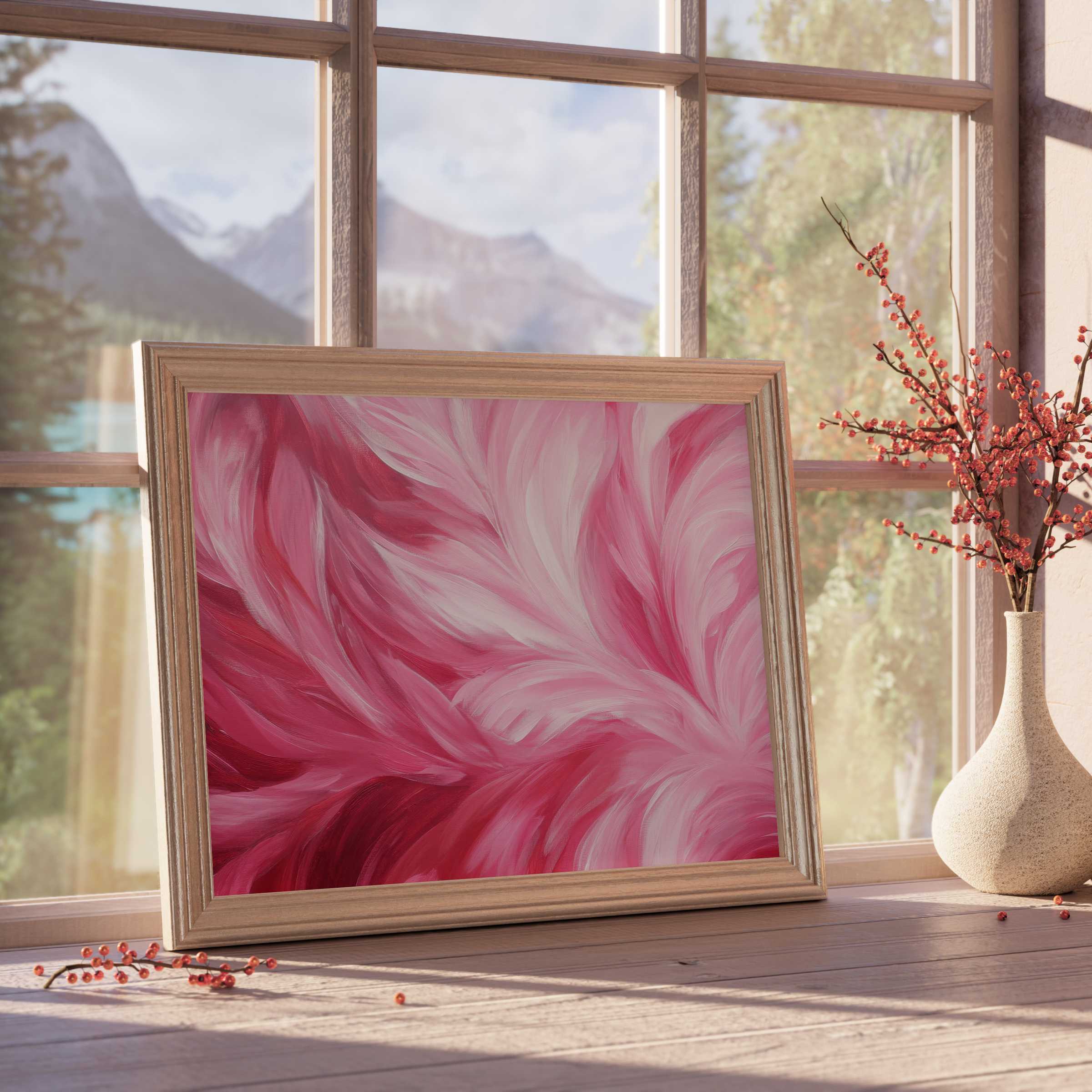 Luxurious abstract downloadable art in pink hues, evoking warmth and fluidity, perfect for curated, serene interiors