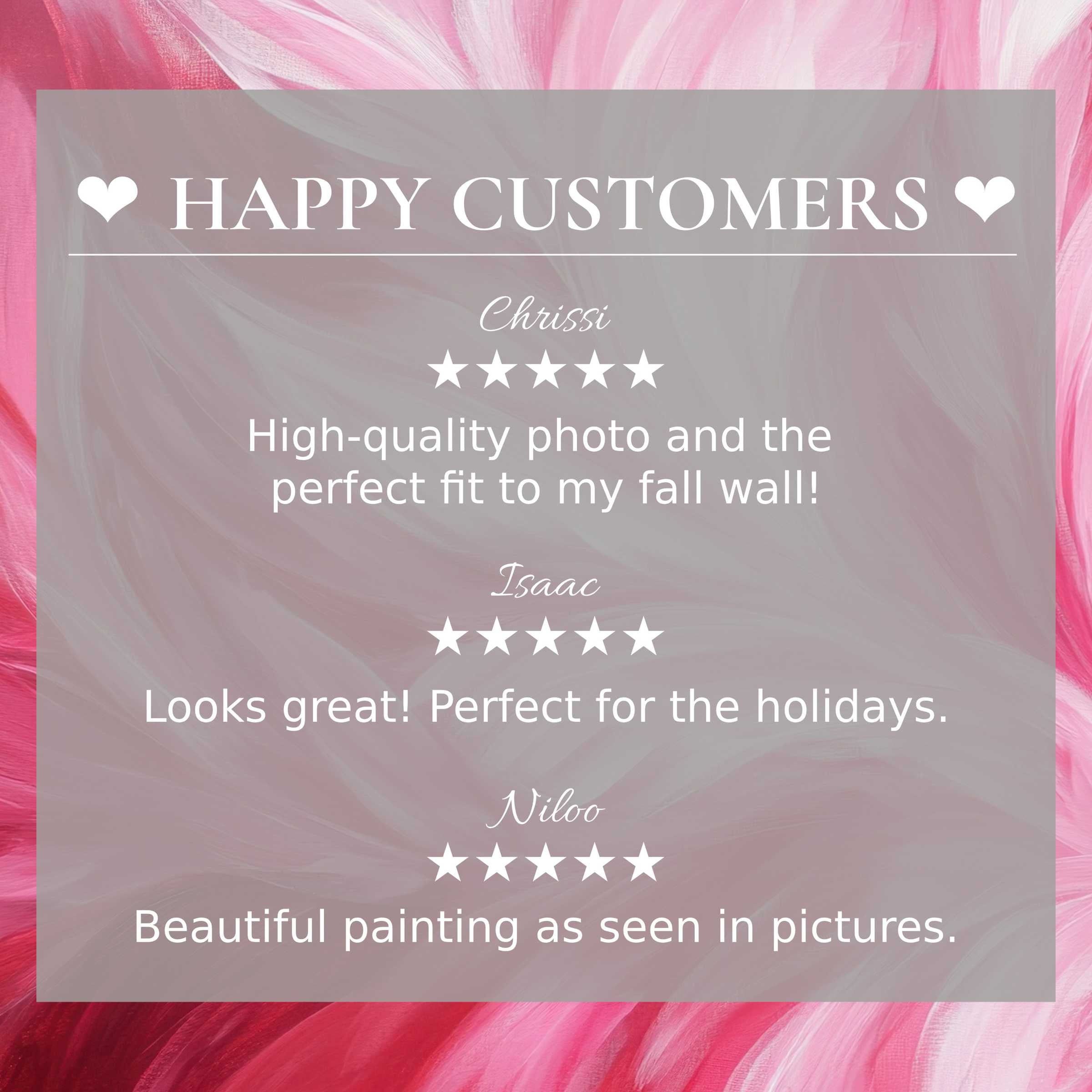Refined abstract art for Frame TV with vibrant pink hues; layout builds trust by showing happy customer reviews