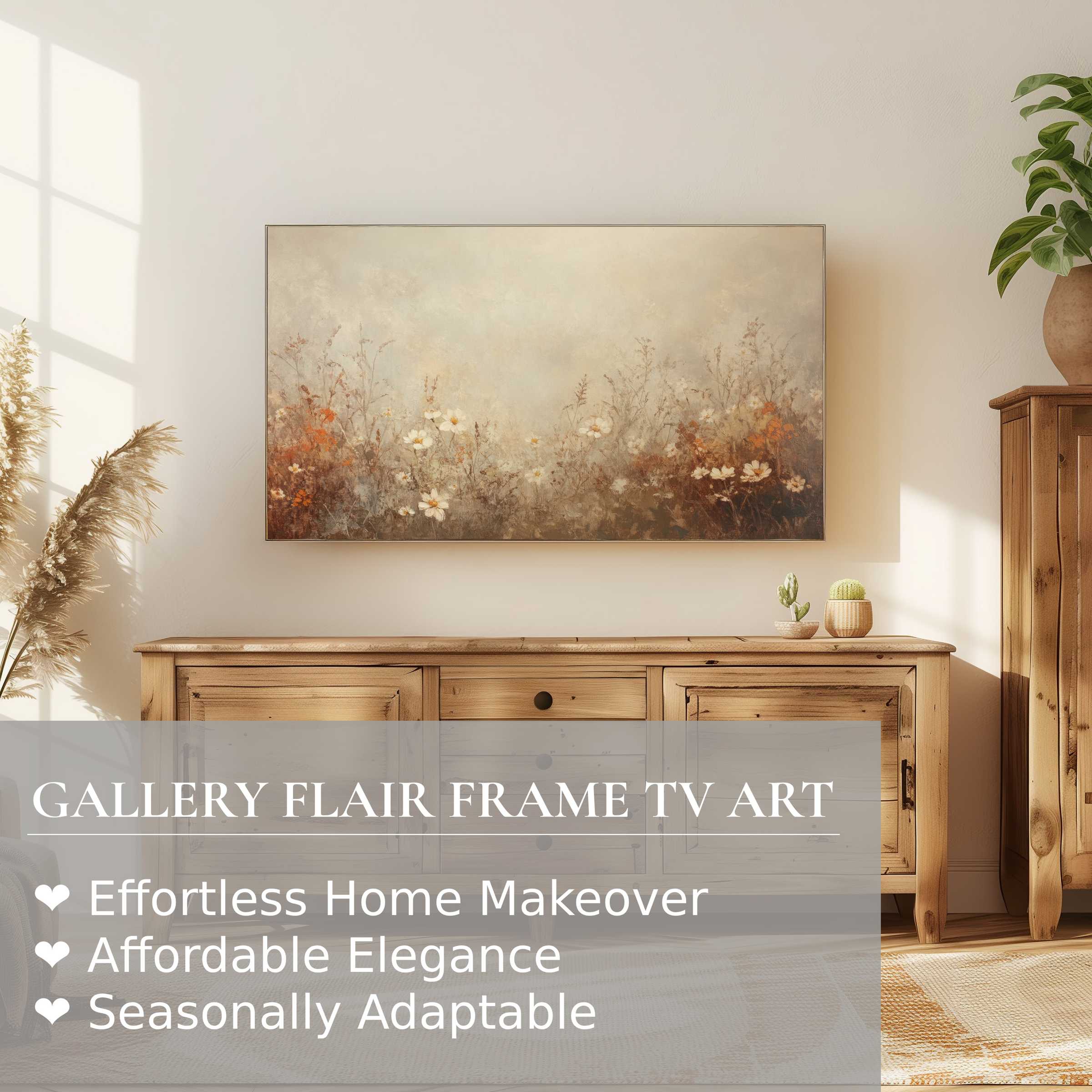 Samsung Frame TV displaying serene fall digital artwork in a modern, warm, and naturally elegant living space