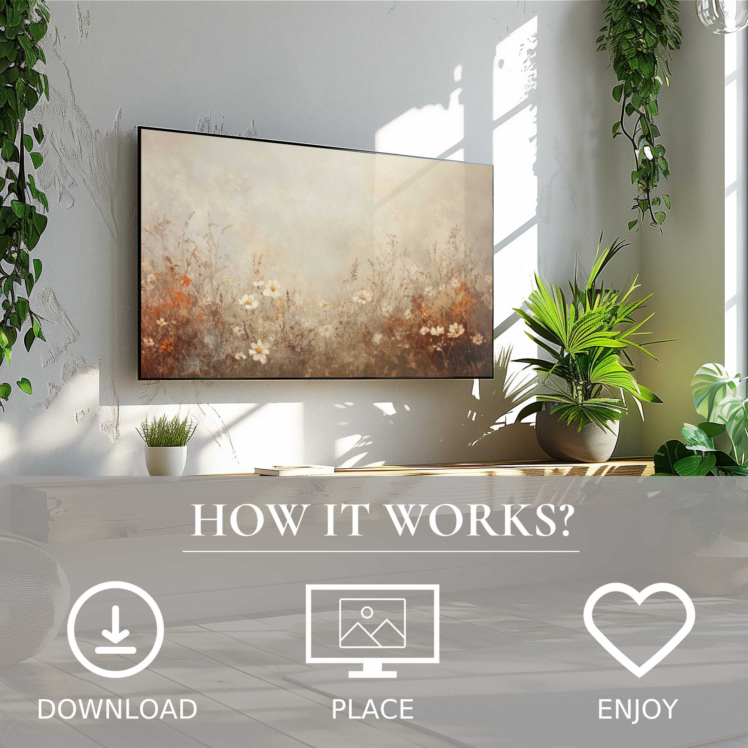 Fall art for Samsung TV with soft autumn tones, easy digital download, enriching modern living spaces effortlessly