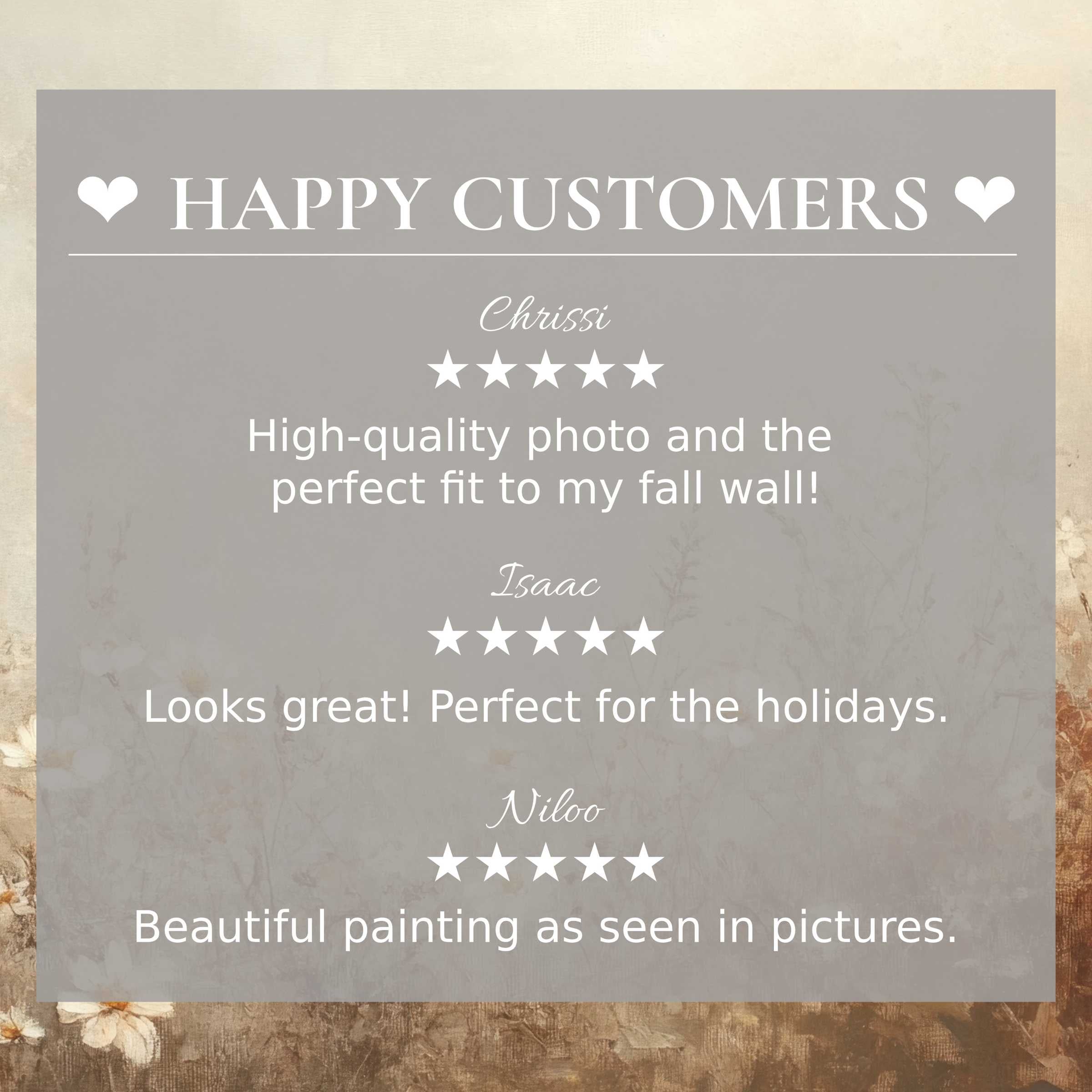 Fall art for Frame TV with abstract earthy florals, showcasing happy customer reviews and an elegant, trustworthy design