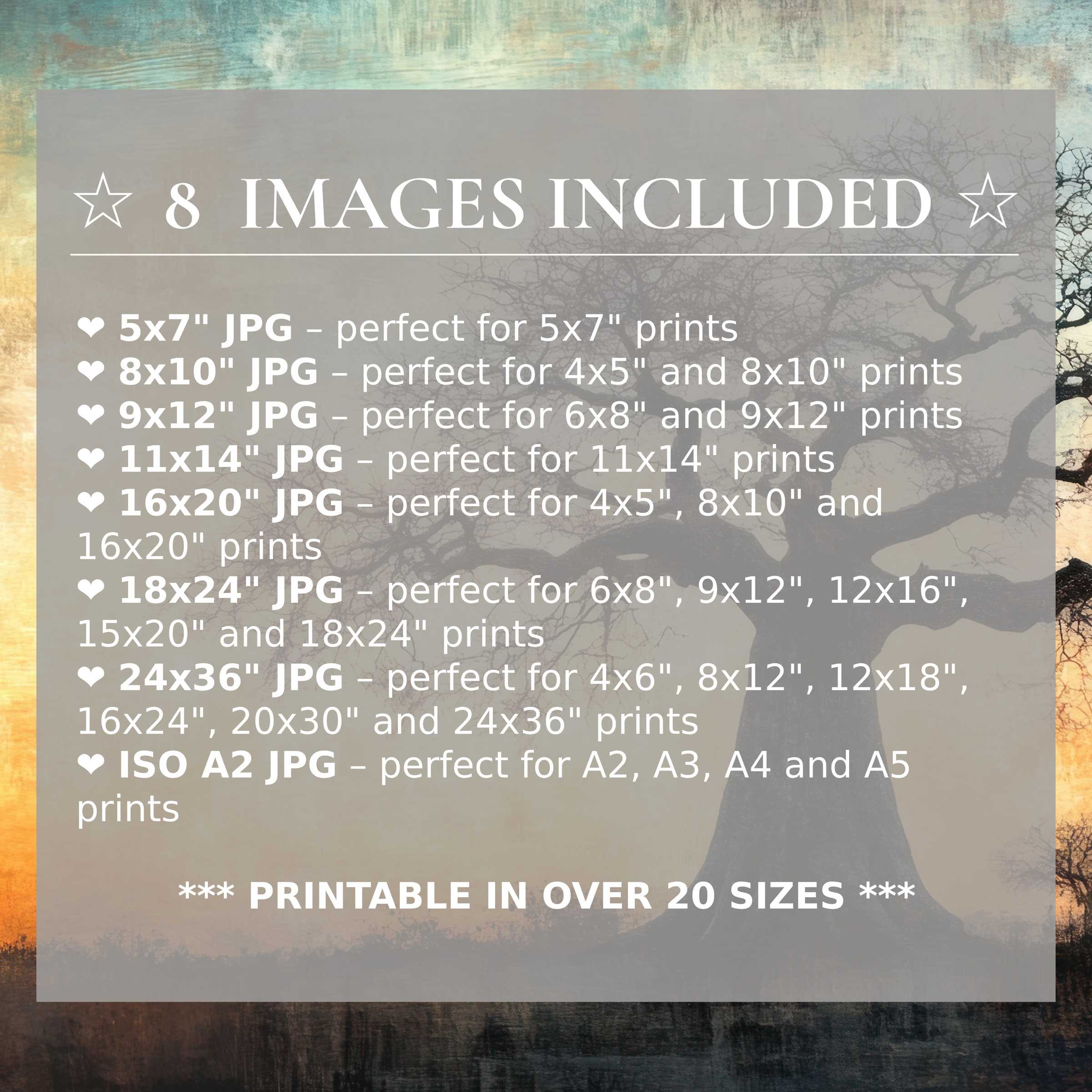 Print size guide showing 8 included JPG formats for versatile wall art printing – perfect for framing in popular sizes from 5x7 to 24x36 and A2