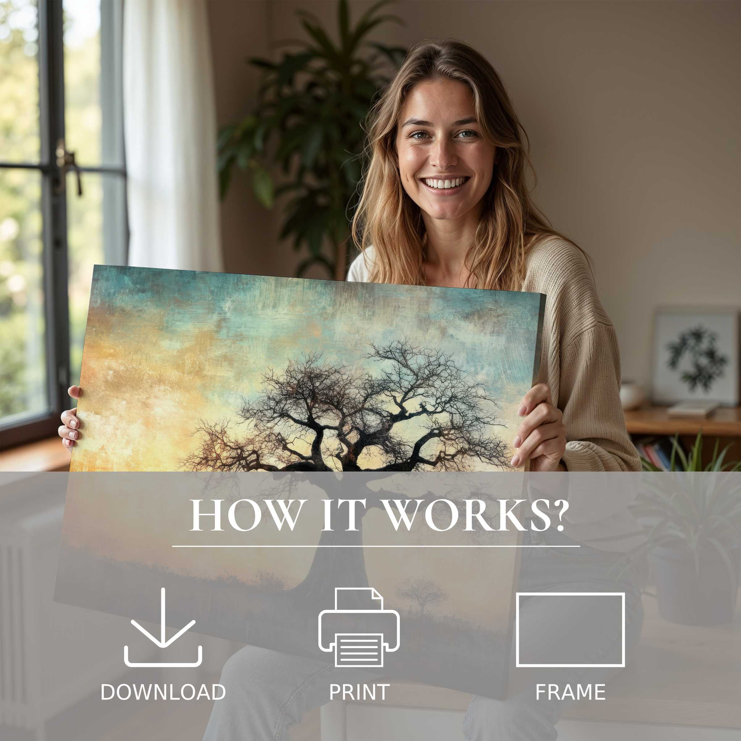Elegant tree digital art print evokes calm connection and joy, effortlessly enriching modern living spaces with timeless beauty