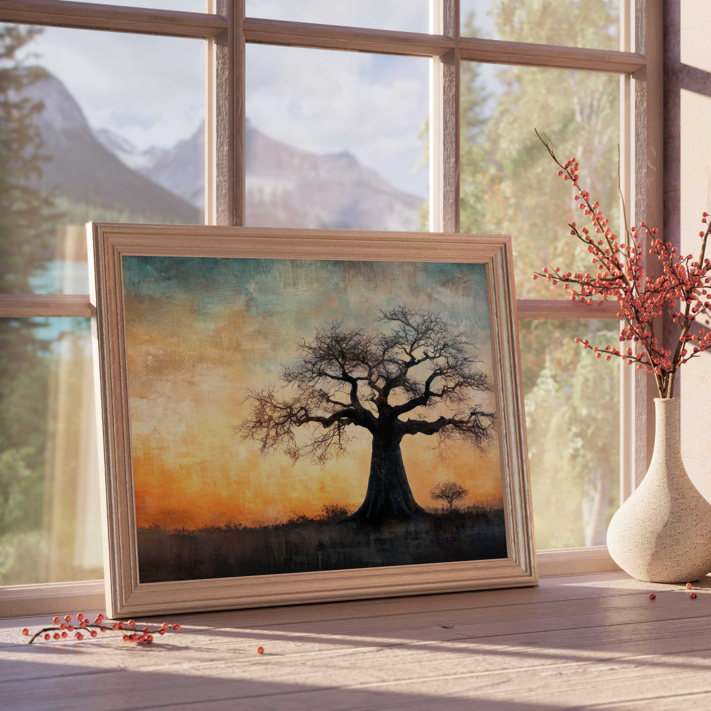 Majestic tree downloadable art framed by warm natural light, infusing curated interiors with tranquil elegance and timeless, nature-inspired beauty
